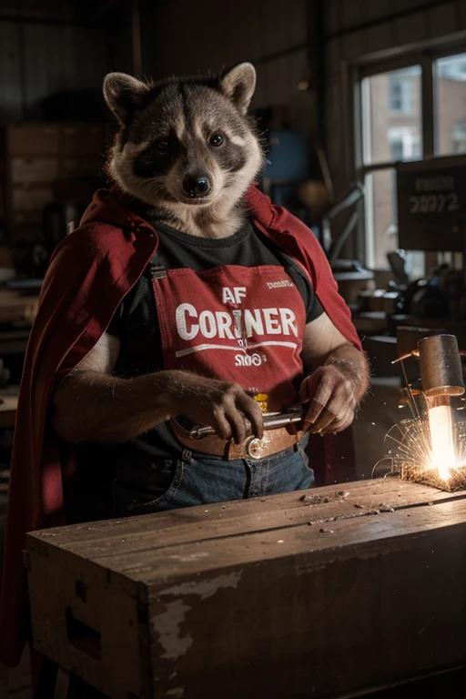 A 60 year old raccoon with a beard and a red cape fighting cancer and a welder shirt and tools