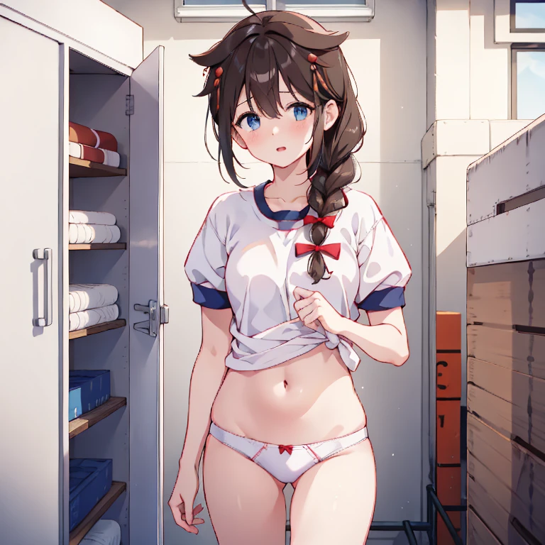 White school gym uniform、Left hand clenched into a fist、gym storeroom, shigure, ahoge, brown hair, blue eyes, braid, hair ornament, hair over shoulder, long hair, single braid, hair flaps, (masterpiece, best quality:1.2), illustration,8k,hd,long hair, single braid, white panties、Change of clothes