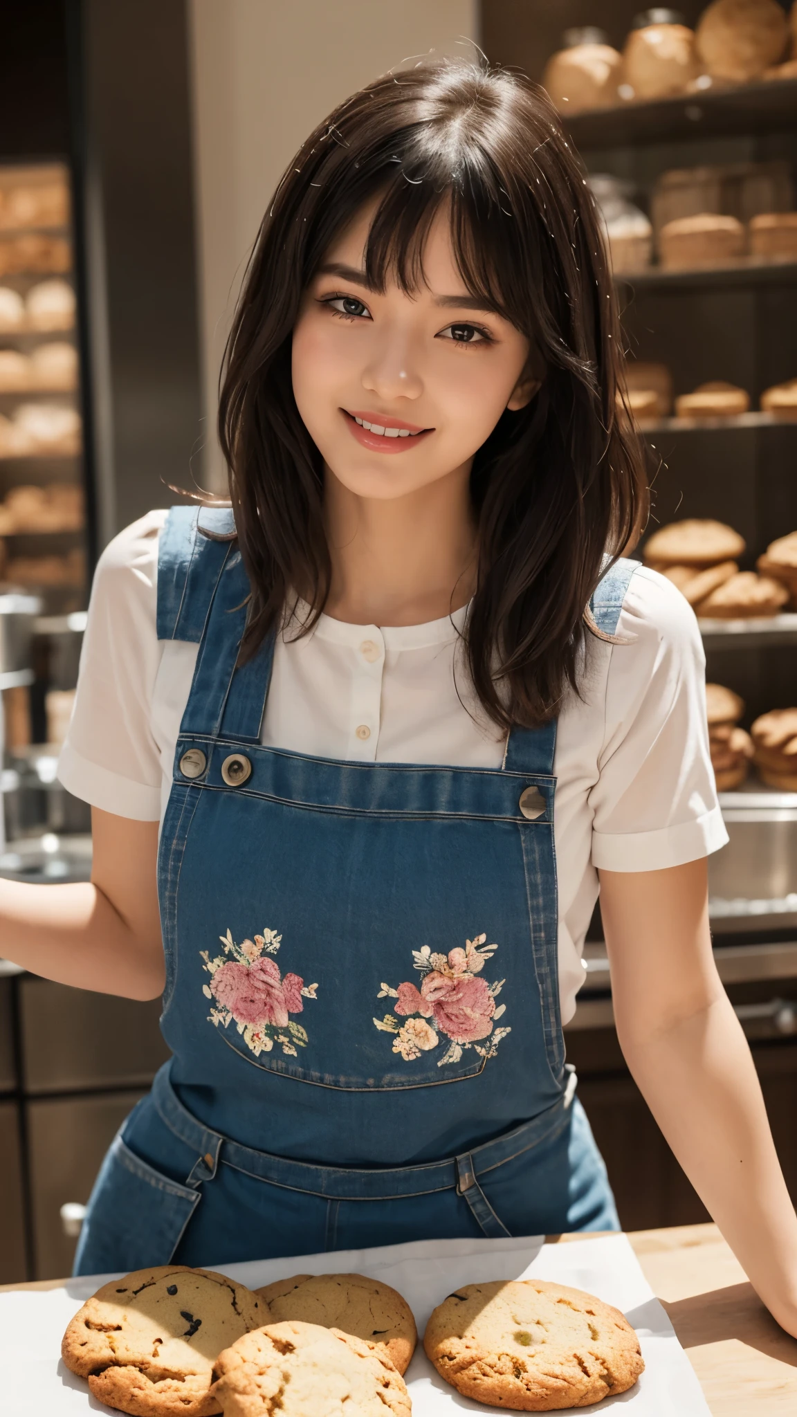 (Ultra-detailed eyes), (((textile shading))), (((Best Quality))), (((masterpiece))), (((Ultra realistic))), 45kg, sassy girl, black long hair with bangs, Striking a pose, natural make up, women's baking, cookies, bread, pastry, stunning, cute, heartwarming smile, hourglass figure, wearing floral dress, pinny apron, beautiful food, midshot, centered image, good girl, innocent girl, ((bad anatomy))