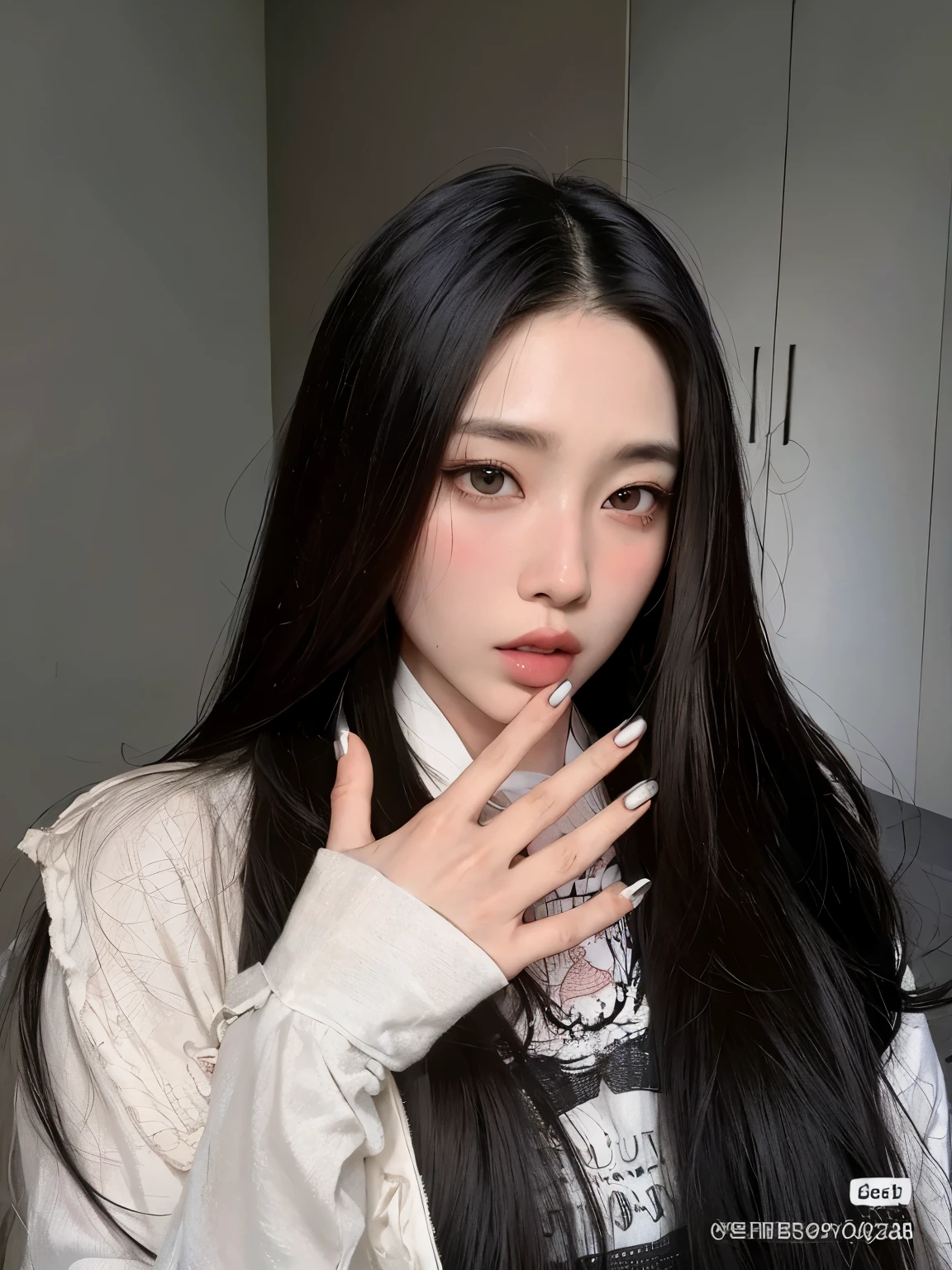 Shaggy Asian woman with long black hair and white shirt, cruel korean goth girl, Ulzzang, Com cabelo comprido and piercing eyes, maquiagem sul-coreana popular, Retrato de Jossi do Blackpink, maquiagem coreana popular, Jisoo do Blackpink, com cabelo preto liso, retrato de jisoo blackpink, coreana, asian girl Com cabelo comprido, Com cabelo comprido