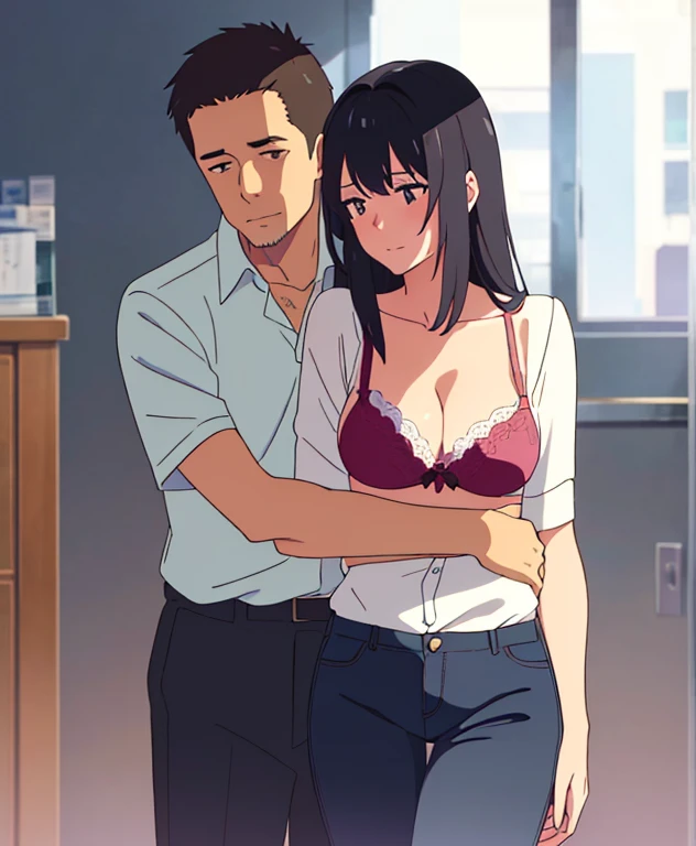 shinkai makoto, kimi no na wa., 1middle age man, wrinkle face, black hair,bangs swept to the right side, office suit, middle aged man caressing girl's body, kiss cheeks, passionate hug, boy is hugging from behind, chestgrope from behind, middle aged man is touchig girl's chest, hold chest, 1girl, bangs, black hair, brown eyes, Twisted Half Up Hair, red ribbon, long hair, yellow collared shirt, open shirt, off shoulders,unbuttoned shirt, pink bra, cleavage, breast, medium breast, blue pants, storage room, indoors, masterpiece, perfect anatomy, cowboyshot