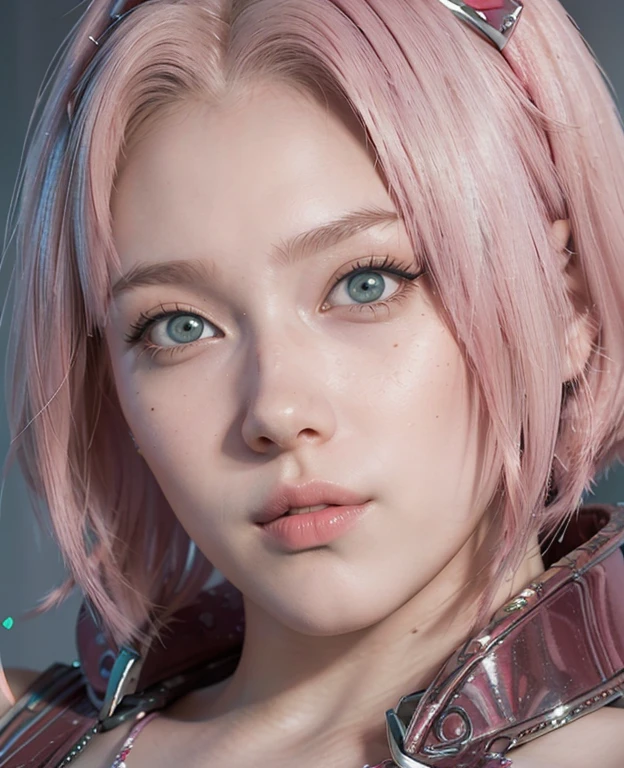 young woman, short shoulder-length pink hair, wide forehead, porcelain skin, pink eyebrows, big emerald green eyes, buttoned nose, full lips, heart-shaped face, slender body, small breasts, red tank top, Sakura Haruno , realistic, realism, details, 3d, well detailed