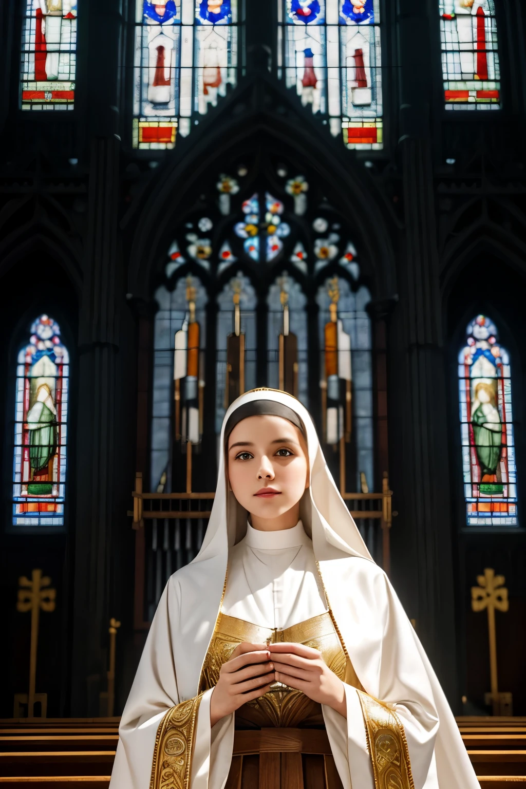 best quality, super fine, 16k, RAW photo, photorealistic, incredibly absurdres, extremely detailed, A cute and beautiful nun who looks like a church goddess, her robes, pipeorgan covering the entire wall, stained glass, majestic scene, light shines through