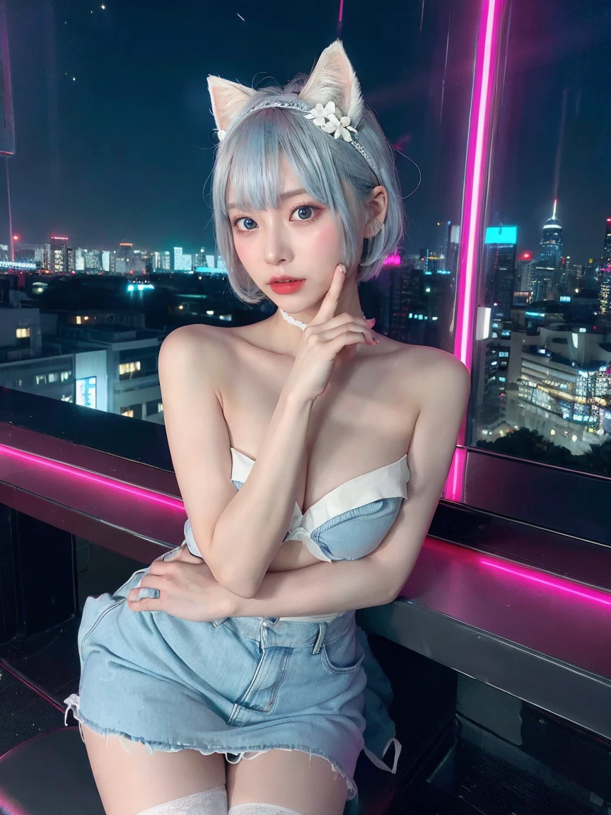 Photo of an 18-year-old girl with oriental features、raw、Beautuful Women、((portlate))、((详细的脸:1.2))、((detailed facial features))、(Fine skin)、pale-skinned、High Detail Deep Click Body Comfort Matte Suit、(megacity environment)、(cold color)、moist、moist、Reflectors、(masterpiece)(perfectly proportions)(photos realistic)(top-quality)(detaileds)photographed in a Canon EOS R5、 50mm Lens, F/2.8, nffsw, (in 8K) (wall-paper) (电影灯光) (dramatic lighting) (foco nítido) (with an intricate) lo fashion、(camel's toe)、((Thin and transparent underwear))、((Hair with colored mesh:1.2))、(Colorful colored hair:1.3)、(Bright blue eyes)、((Very small sheer underwear))、(Seductive open legs pose)、((A port with a view of the Tokyo cityscape at night))