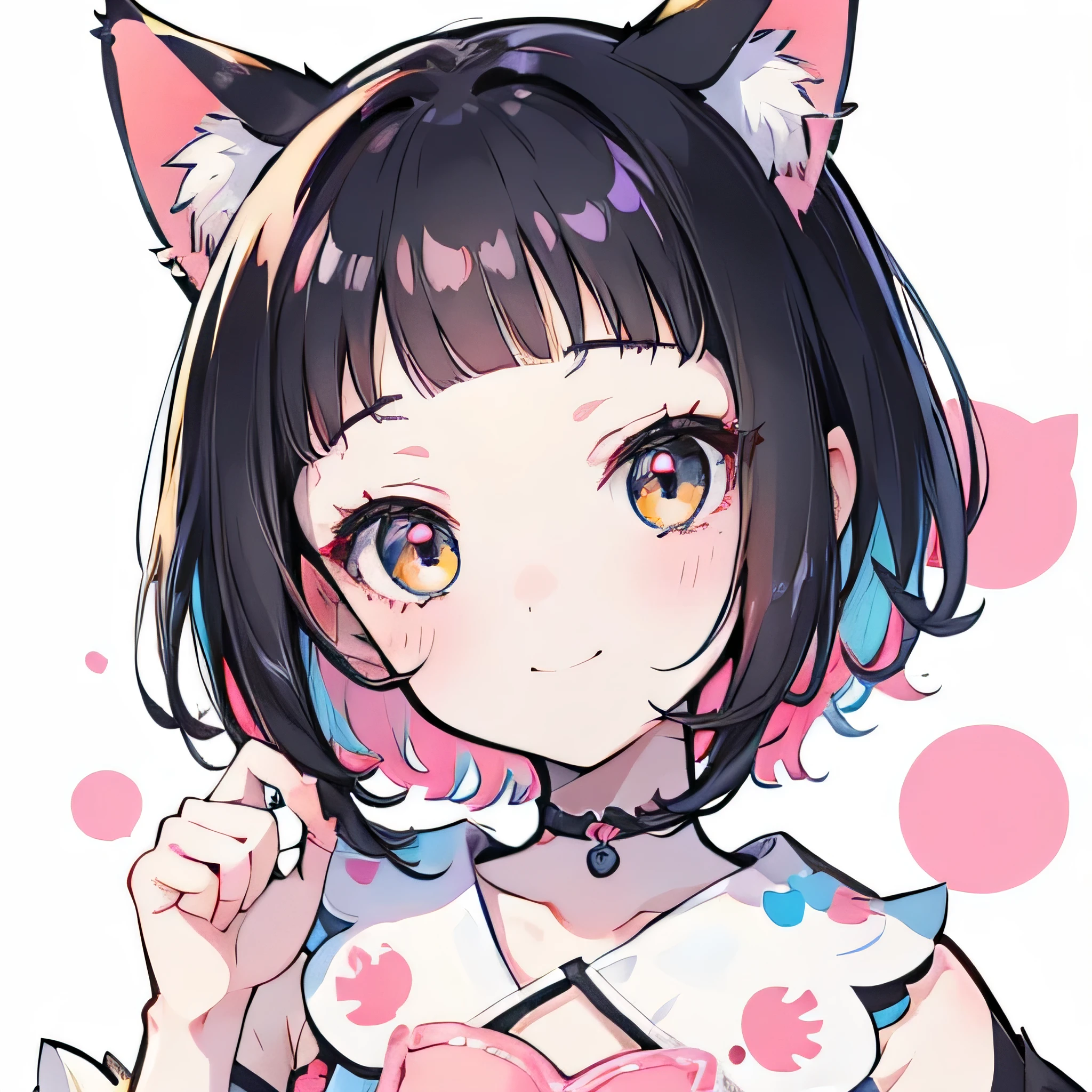 Girly girl, happy, colorful, flat, harajuku, posing, black hair, innocent, smiling, beautiful, face focus, face close-up, short bangs, cute, bubbly, white background, short hair, smiling, red cheeks, cat, neko, furry, neko girl