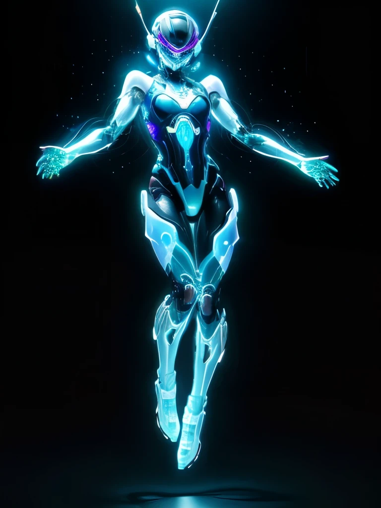 (masterpiece)(highest quality), whole body、A female android floats in the air、headphones、Tight-fitting suit、luminescence、The body is straight、keep both feet together、The toes are extended、floating、The vastness of cyberspace、Hands are working with a translucent tablet、blonde、virtual、Virtual Window、Digital、Backlight