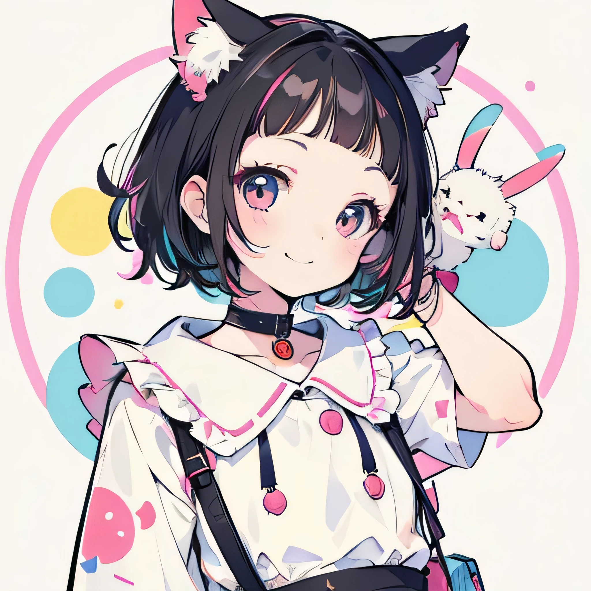 Girly girl, happy, colorful, flat, harajuku, posing, black hair, innocent, smiling, beautiful, face focus, face close-up, short bangs, cute, bubbly, white background, short hair, smiling, red cheeks, cat, neko, furry, neko girl