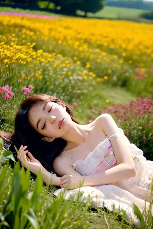 ((highest quality)), ((masterpiece)), (cinematic aesthetic:1.4) Girl sleeping in a flower field。anime。