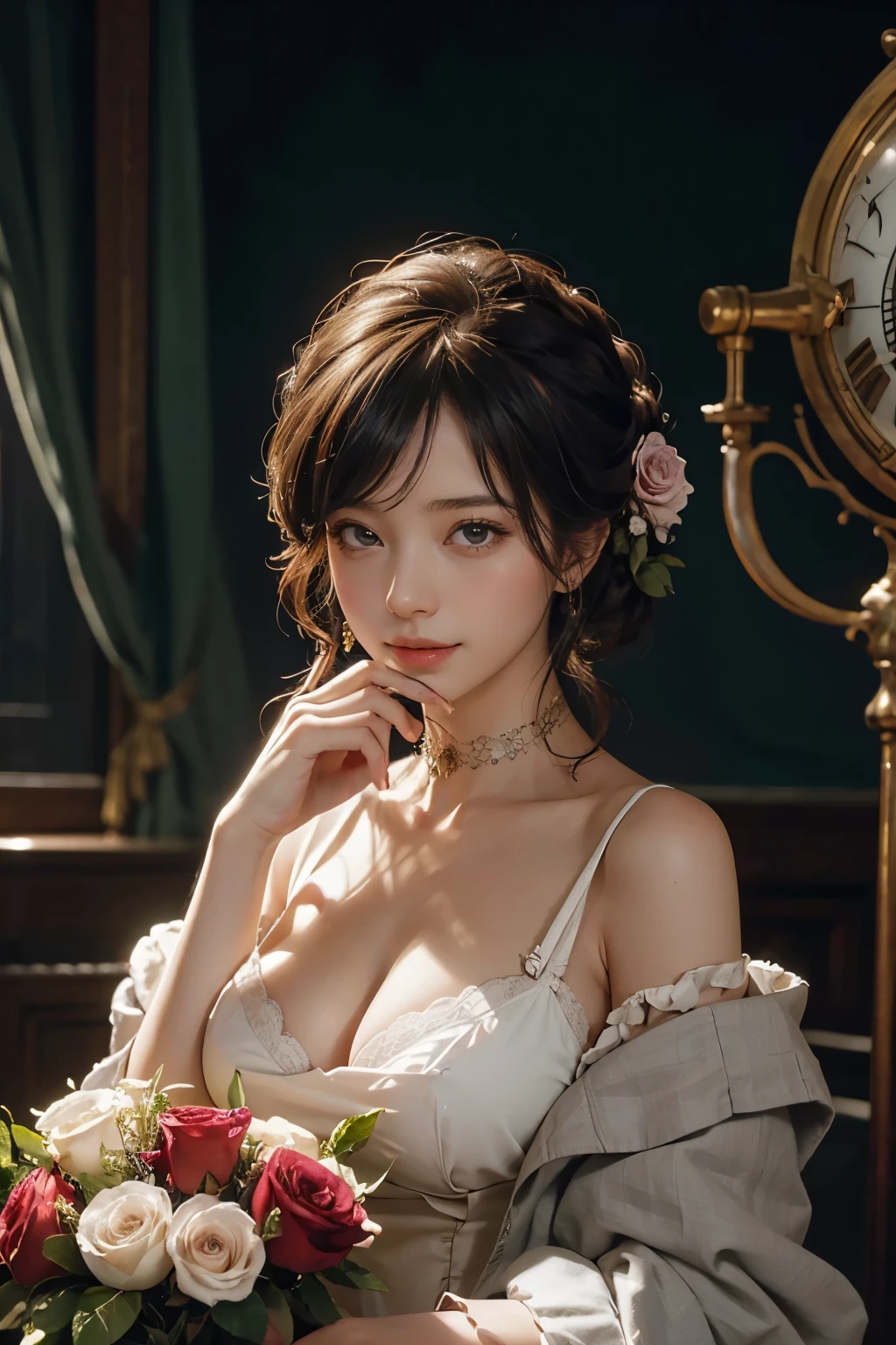jacques louis david(Jacques-Louis David) picture style,A debate between two female philosophies,math、astronomical machine、astronaut、roses in vase、fruit、cute ornaments、laugh、ancient greek costumes、The background is a forest lake at night 、clothes that straighten the shoulders、A big laugh、beautiful bare skin、A seductive woman is expressed in detail with her entire body..