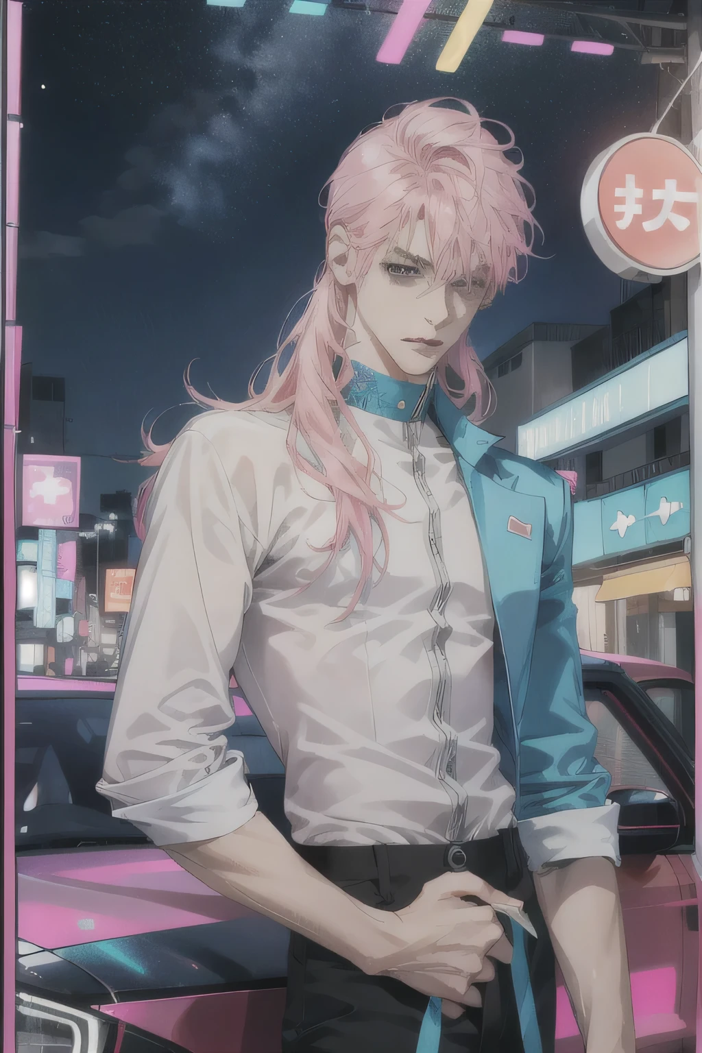 8k quality, official art, confident guy, handsome guy, ultra detailed face, full body, (((skinny))) and small, adult, attractive guy, 8k quality art face, attractive, ultra details, medium large shoot, pink hair, long hair, singer, colorful outfit, popstar energy, road, car window, landscape background, paradise bird boy, ((skinny)) zodiac bird aura, shimmering popstar, lighter background, pink, dark blue, marine blue, spacial blue, neon and popstar, attractive, masculine, adult, skinny