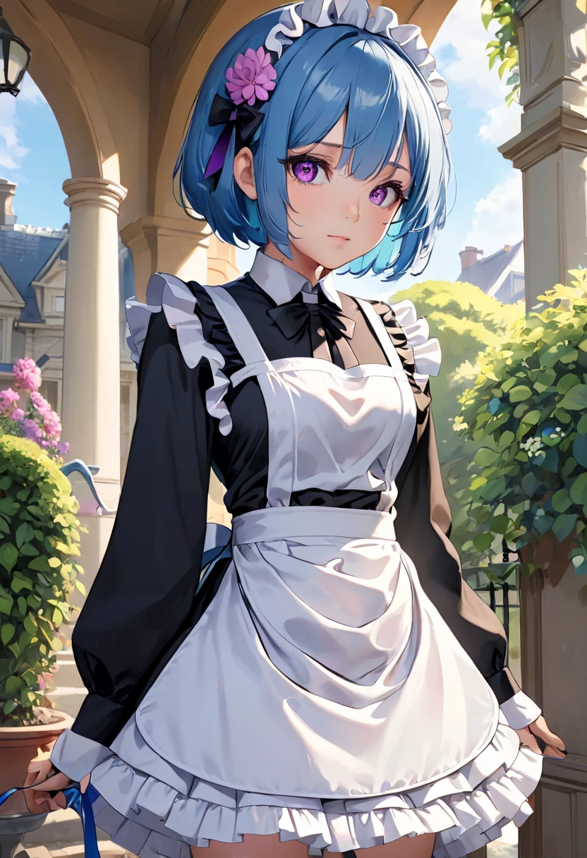 rezeroRem, Rem, blue eyes, blue hair, hair ornaments, hair above one eye, hair ribbon, short hair, x hair ornaments, break apron, black ribbon, black skirt, black sleeves, Removing the collar, removed sleeve, flower, frillsエプロン, frilled skirt, frills, 頭のflower輪, long sleeve, maid, miniskirt, neck ribbon, purple ribbon, ribbon, ribbon trim, ribbon-trimmed sleeves, roswaal mansion maid uniform, short hair, skirt, Thighhighs, waist apron, white apron, white Thighhighs, break outdoors, city, break looking at viewer, break (masterpiece:1.2), highest quality, High resolution, unity 8k wallpaper, (figure:0.8), (detailed and beautiful eyes:1.6), extRemely detailed face, perfect lighting, extRemely detailed CG, (perfect hands, perfect anatomy),