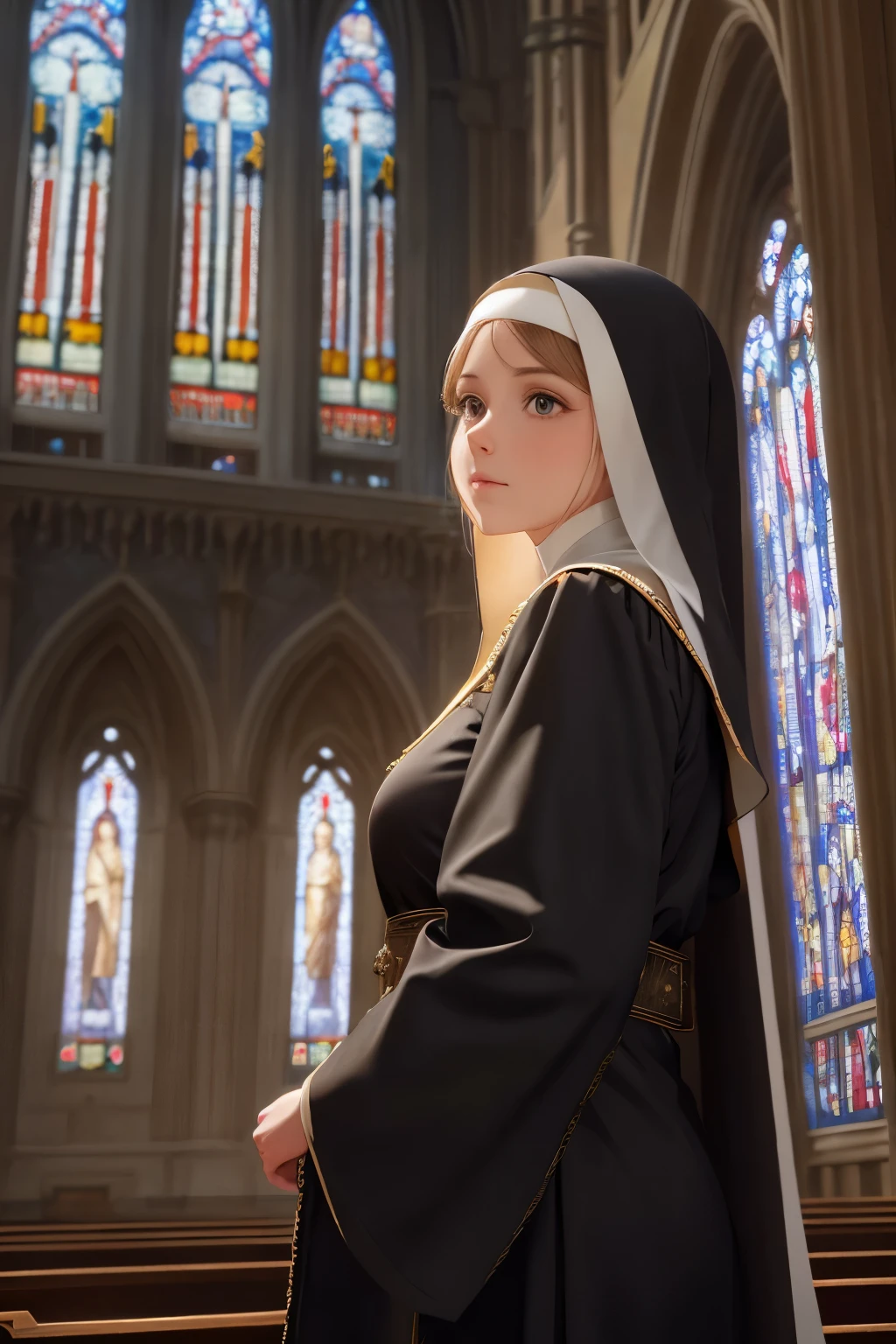 best quality, super fine, 16k, RAW photo, photorealistic, incredibly absurdres, extremely detailed, A cute and beautiful nun who looks like a church goddess, her robes, pipeorgan covering the entire wall, stained glass, majestic scene, light shines through