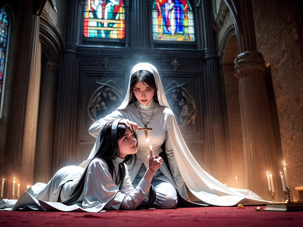 A nun and a priest performing an exorcism in a dimly lit church with vivid stained glass windows, portraying intense emotions and tension. The nun is holding a crucifix and has beautiful detailed eyes, while the priest has a determined expression on his face. The atmosphere is filled with the scent of burning incense, enhancing the supernatural ambiance. The walls are adorned with religious paintings that depict angels and demons engaged in a fierce battle. The nun is dressed in a flowing white habit, and the priest wears traditional clerical garments. The lighting casts dramatic shadows, emphasizing the haunting aura of the scene. The colors are deep and rich, with a contrast between warm tones and cool shades. The artwork is created using a realistic oil painting technique, capturing every detail with precision. The image should have the best quality, with ultra-detailed features, and a photorealistic effect to bring the scene to life. The prompt should not exceed 40 tags or 60 words.
Note: Remember to follow the prompt format requirements and organize the tags accordingly. Feel free to enhance or modify the prompt as necessary to ensure a coherent and visually appealing image.