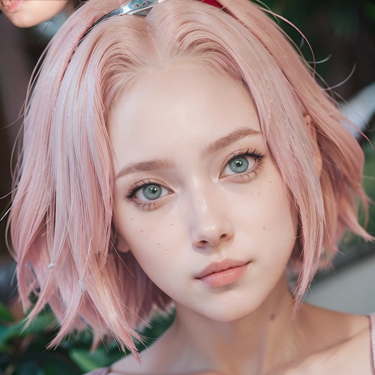 young woman, short shoulder-length pink hair, wide forehead, porcelain skin, pink eyebrows, big emerald green eyes, buttoned nose, full lips, heart-shaped face, slender body, small breasts, red tank top, Sakura Haruno , realistic, realism, details, 3d, well detailed