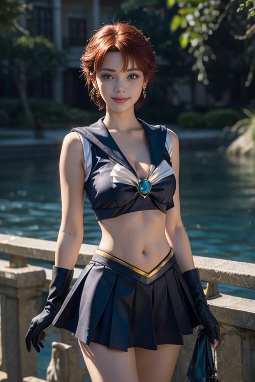 close up, 1 girl, sailor neptune, (sailor senshi:1.2), (aqua eyes:0.9),( Red hair 1.2}, short hair, Wedge skirt, best quality, earrings, masterpiece, high resolution, intricate details, (Reality), photography, (Black Elbow Gloves:1.1), jewelry, medium breasts,cleavage:1.2, whole body, dynamic background,( Dynamic Pose 0.8)(dynamic angle:1.4),Super detailed face,Highly detailed and professional lighting,Smile,perfect hands