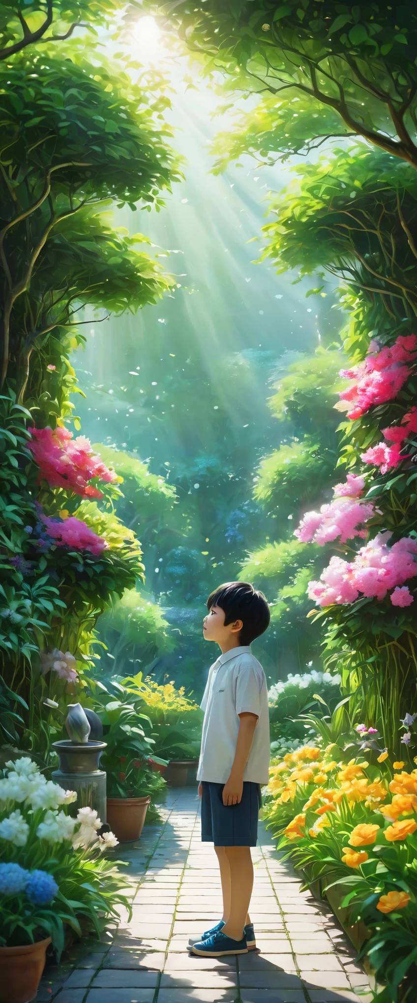 In the realm of digital art、A masterpiece unfolds before us, meticulously crafted by the brilliant minds behind Sea Art&#39;s artificial intelligence and AI painting technology.。「The Secret Garden of Kouhav1」This exquisite work of art entitled、It encapsulates the vibrant energy of a lonely boy embodied within him.。This scene is、Take us to a quiet and private corner surrounded by lush greenery.、Every detail expresses depth and emotion。 The boy had a shy look on his face.、Mr.々Standing alone in the middle of a quiet garden surrounded by colorful flowers。The sun&#39;s rays、