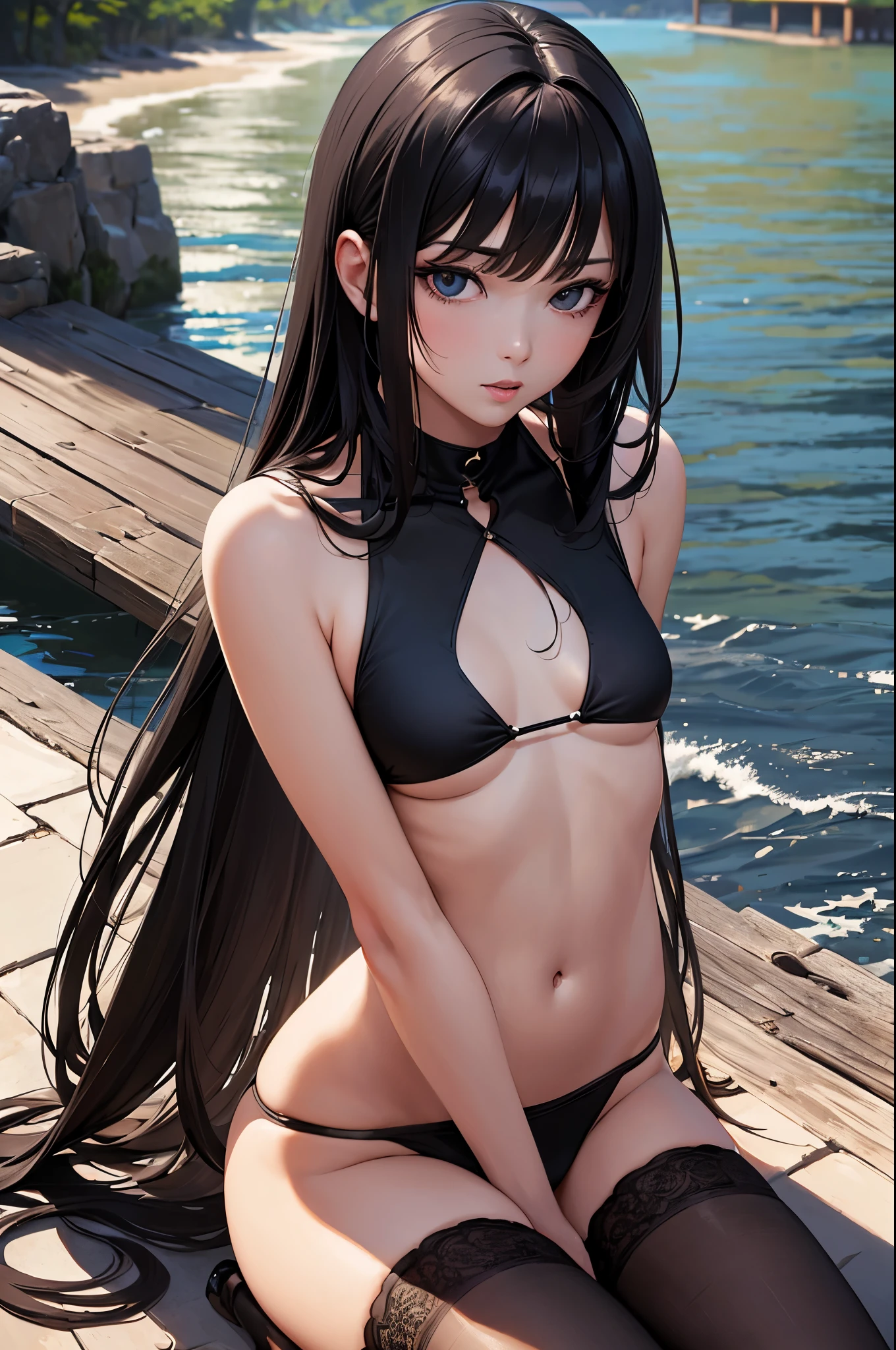 (masterpiece),4k, (ultra realistic), (best quality), (high detailed face),sexy, 1girl, a beautiful girl near the river, slim, (bikini), (flat chested), (black stocking), (front view), (ultra detailed body), (ultra detailed hair), (high detailed hands), anime, (sitting)