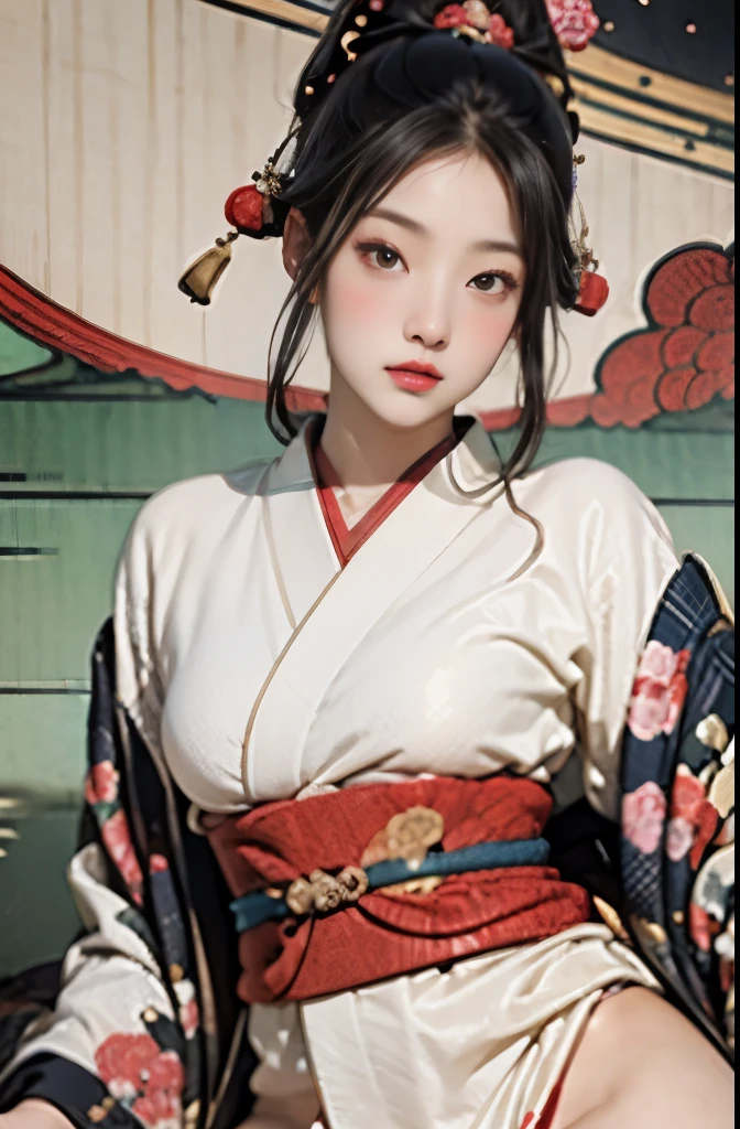 (masseter membrane、top quality、Ukiyo-e style、mystery、Exquisite and beautiful、official art、Sharaku:1.2)、(1 girl in:1.3)、(fractal art:1.3)、cowboy shooting、White skin、(beautiful brunette、kimono:1.2)、Set against the backdrop of traditional Japanese performing arts、rich and colorful、(Belongs to Japanese style:1.2)、glowing skin、spread your legs，camel