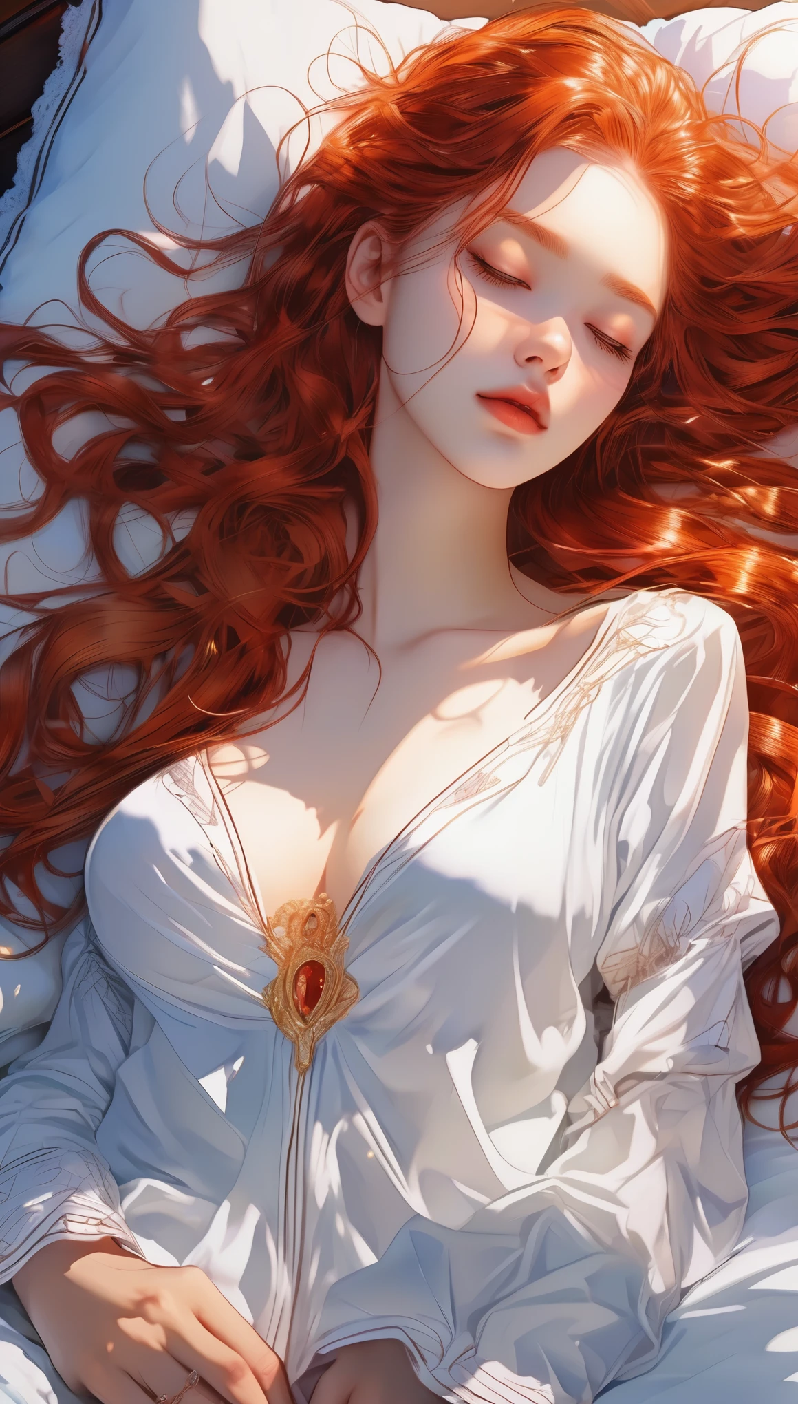 1 comic girl, Big bed, (Sleep on your side), (close eyes:1.8),long red hair, side braid, nipple bulge,huge breasts, Oversized white T-shirt, close up, see though, Sunshine on chest, Beautiful details girl, clear details, Surrealism, anime, Op art, UHD, anatomically correct, super detail, best quality