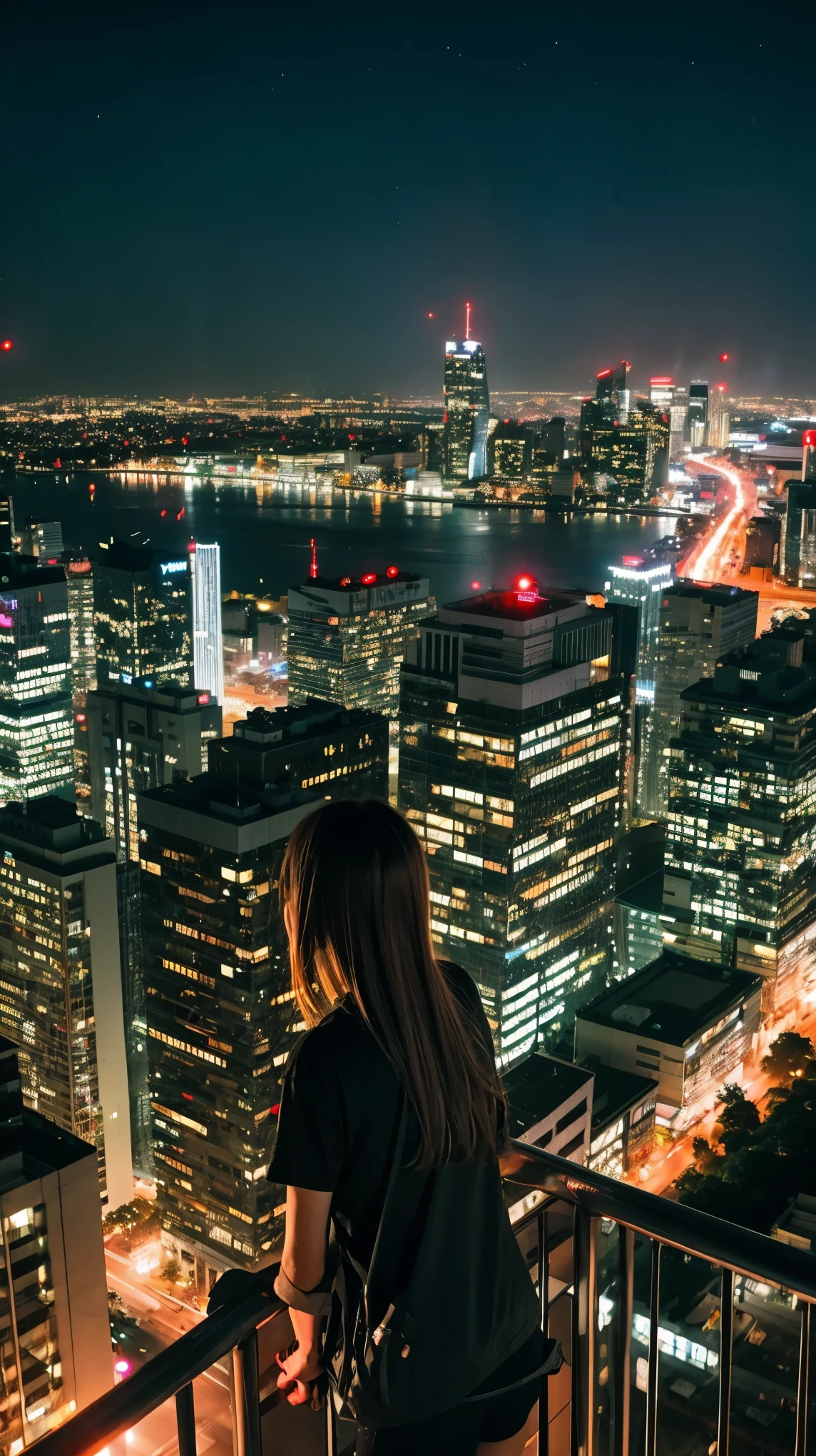 Anime girl standing on a ledge overlooking the city at night, HD anime cityscape, by Yuumei, approaching the city, tokyo anime scene, distant city of fire, explosive, Written by Cyril Rolland, ultra hd anime wallpaper, awesome wallpaper, beautiful anime scene, overlooking a modern city