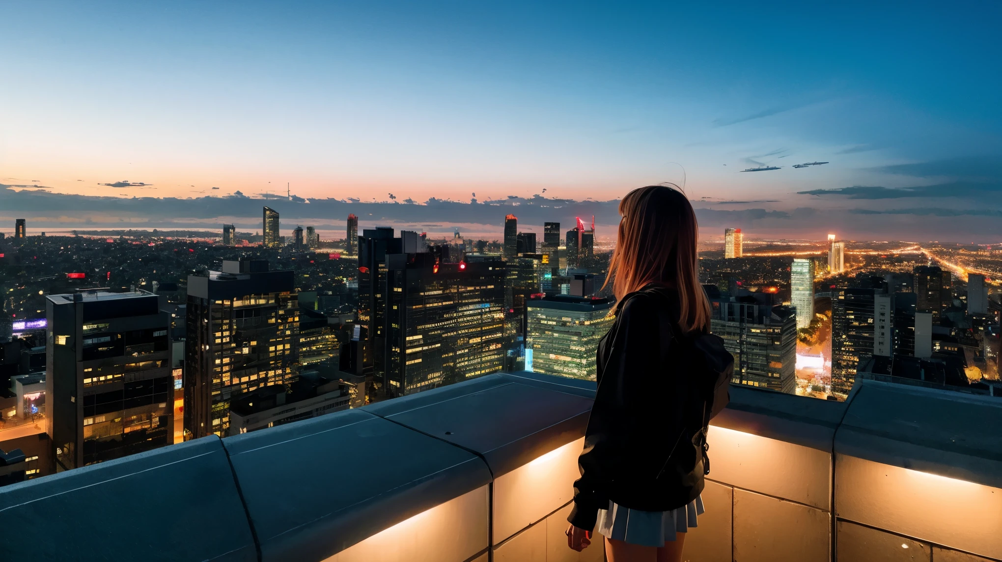 Anime girl standing on a ledge overlooking the city at night, HD anime cityscape, by Yuumei, approaching the city, tokyo anime scene, distant city of fire, explosive, Written by Cyril Rolland, ultra hd anime wallpaper,  awesome wallpaper, beautiful anime scene, overlooking a modern city