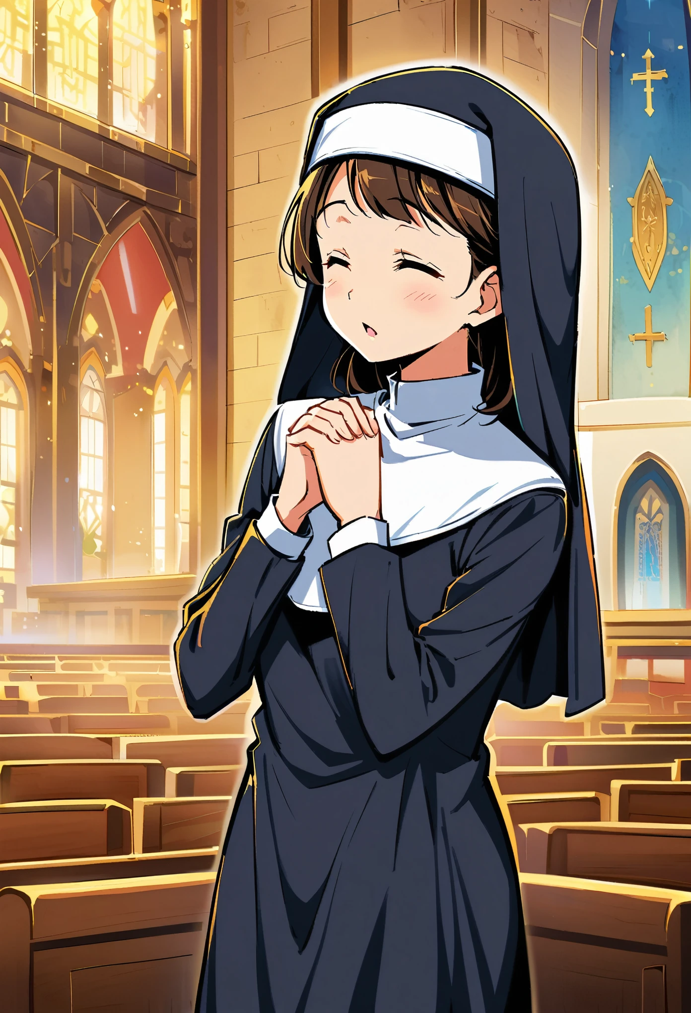 nun，Rumiko Takahashi style，pray, own hands clasped