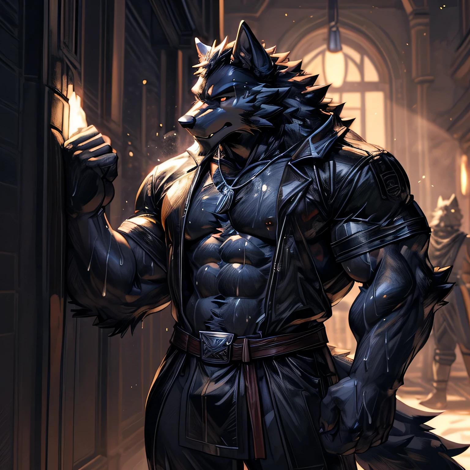 Un hombre lobo de color azul alto y delgado musculoso (( sudado excesivo)),mirada penetrante de color ?????,(((que todo su cuerpo del hombre lobo este por todas partes este sudado excesivo))),(( taparrabos de color ?????)),(((I don't want any accessories or objects all over his excessive sweating muscular werewolf body))),fondo:de noche en las estrellas y sin que le de ((a lot of lighting on the body of the werewolf standing from the front, sweating excessively)),((watching his excessive sweaty werewolf muscles without any props or objects)),((that is bathed in pure sweat all over his muscular body of the wolf)).