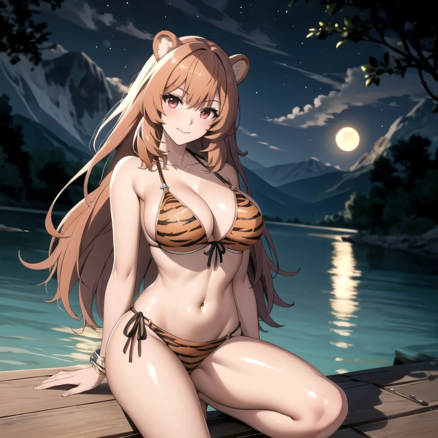 Raphtalia, atractiva mujer. orejas de oso, cabello naranja brillante, red eyes like rubies, pechos grandes, bikini naranjo con de tigre, accesorios, sonrisa, pechos grandes, alta calidad. fondo un lago. de noche. luna llena. manos perfectas.