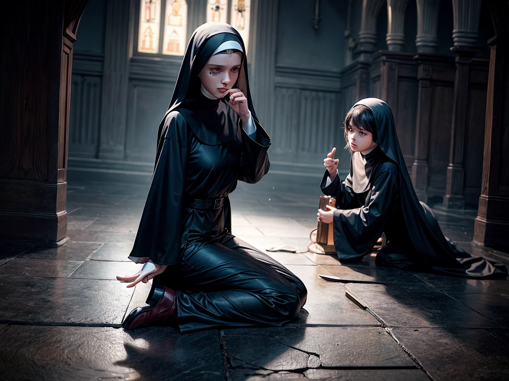 In a dimly lit church, a nun and a priest perform an intense exorcism. Their faces are filled with determination as they banish the evil spirit from the possessed person. The nun's beautiful detailed eyes show both compassion and strength, while the priest's focused gaze reveals unwavering faith. The scene is captured in a high-resolution, ultra-detailed medium that resembles a realistic oil painting. The dramatic lighting casts eerie shadows on the ancient cathedral walls, creating an atmosphere of suspense and mystery. The nun wears a traditional habit, while the priest is clad in his black cassock. They are surrounded by religious artifacts and symbols, such as crucifixes and holy water. The air is heavy with incense and the faint sound of chanting in the background adds to the solemnity of the moment. The overall color palette is dark and somber, with deep shades of blue and gray, highlighting the intensity of the exorcism. The prompt focuses on the best quality, high-resolution image, ensuring every intricate detail is brought to life.