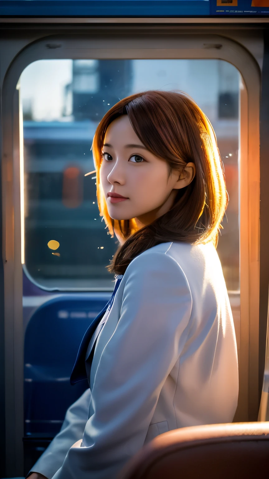 (highest quality,8K,High resolution, masterpiece:1.2), Super detailed, HDR, UHD, studio lighting, Ultra-fine painting, sharp focus, Physically based rendering, extreme details, Professional, Bright colors, Bokeh, Portrait, concept artist, Warm color palette, dramatic lighting,(shiny hair:1.4),A woman in loose clothing seen through the train window, Woman with her back turned, What is reflected in the train window is a blue sky with cherry blossoms in full bloom and a beautiful hill top., intersection where cars stop, The woman at the intersection is wearing a suit, Crossing at dusk,persona 3 style,cherry blizzard,