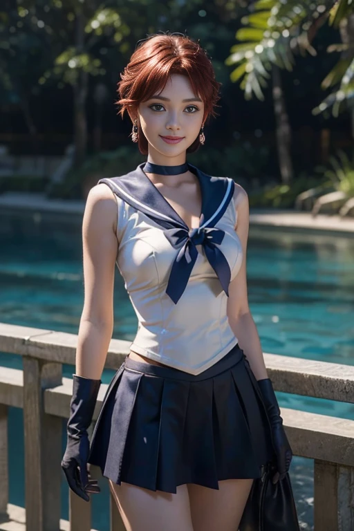 close up, 1 girl, sailor neptune, (sailor senshi:1.2), (aqua eyes:0.9),( Red hair 1.2}, short hair, Wedge skirt, best quality, earrings, masterpiece, high resolution, intricate details, (Reality), photography, (Black Elbow Gloves:1.1), jewelry, medium breasts,cleavage:1.2, whole body, dynamic background,( Dynamic Pose 0.8)(dynamic angle:1.4),Super detailed face,Highly detailed and professional lighting,Smile,Repair his hand,Make it anatomically correct