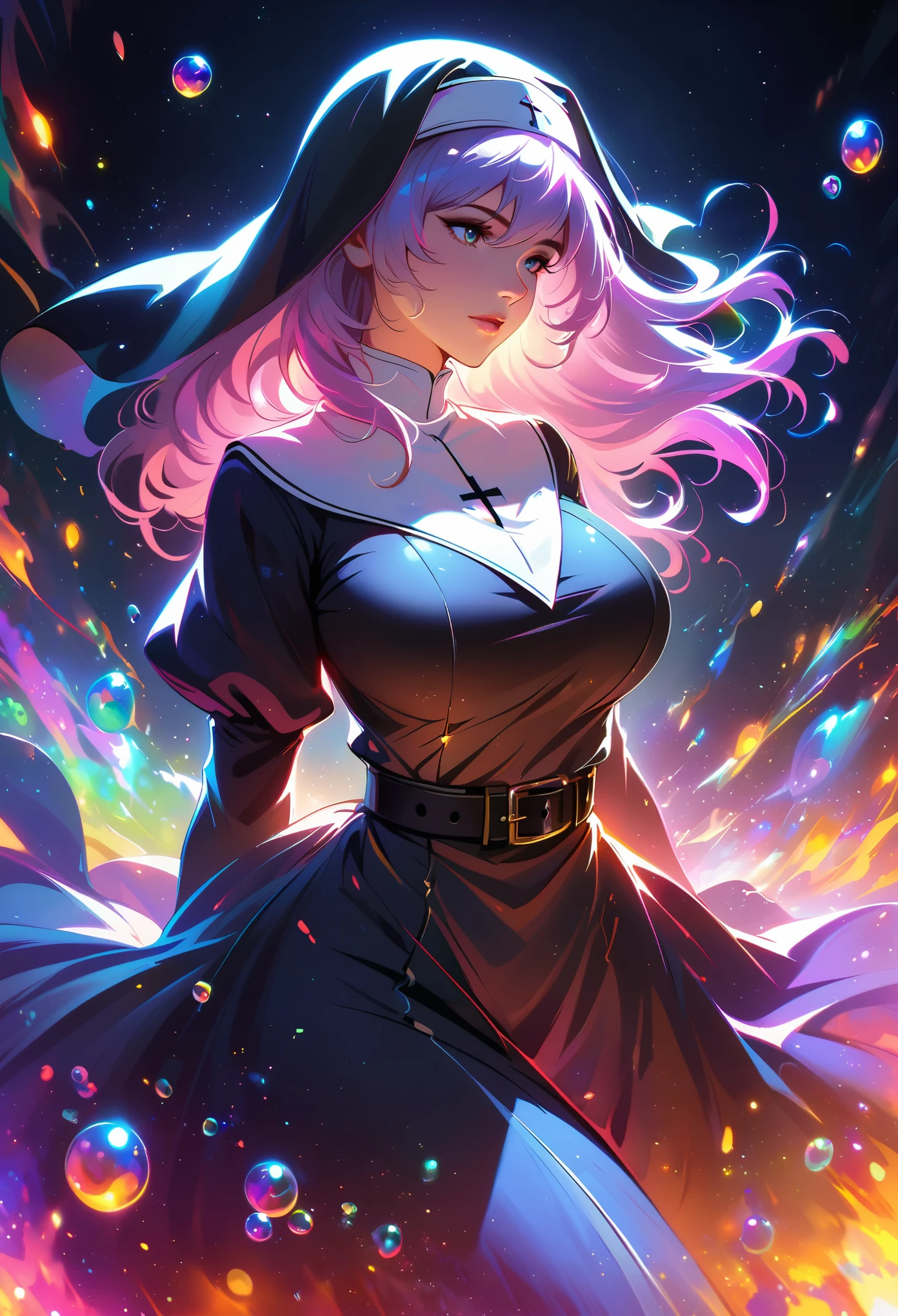 (chiaroscuro,Ray tracing),ridiculous, annie.Hathaway, alone, nun uniform,black turban,black robe, belt, outdoor, Volumetric lighting, Tone mapping, sharp focus,Wrapped in huge bubbles(beauty),big breasts,night,Kaneko,Pink,green,glass texture、 Gradient translucent glass melt