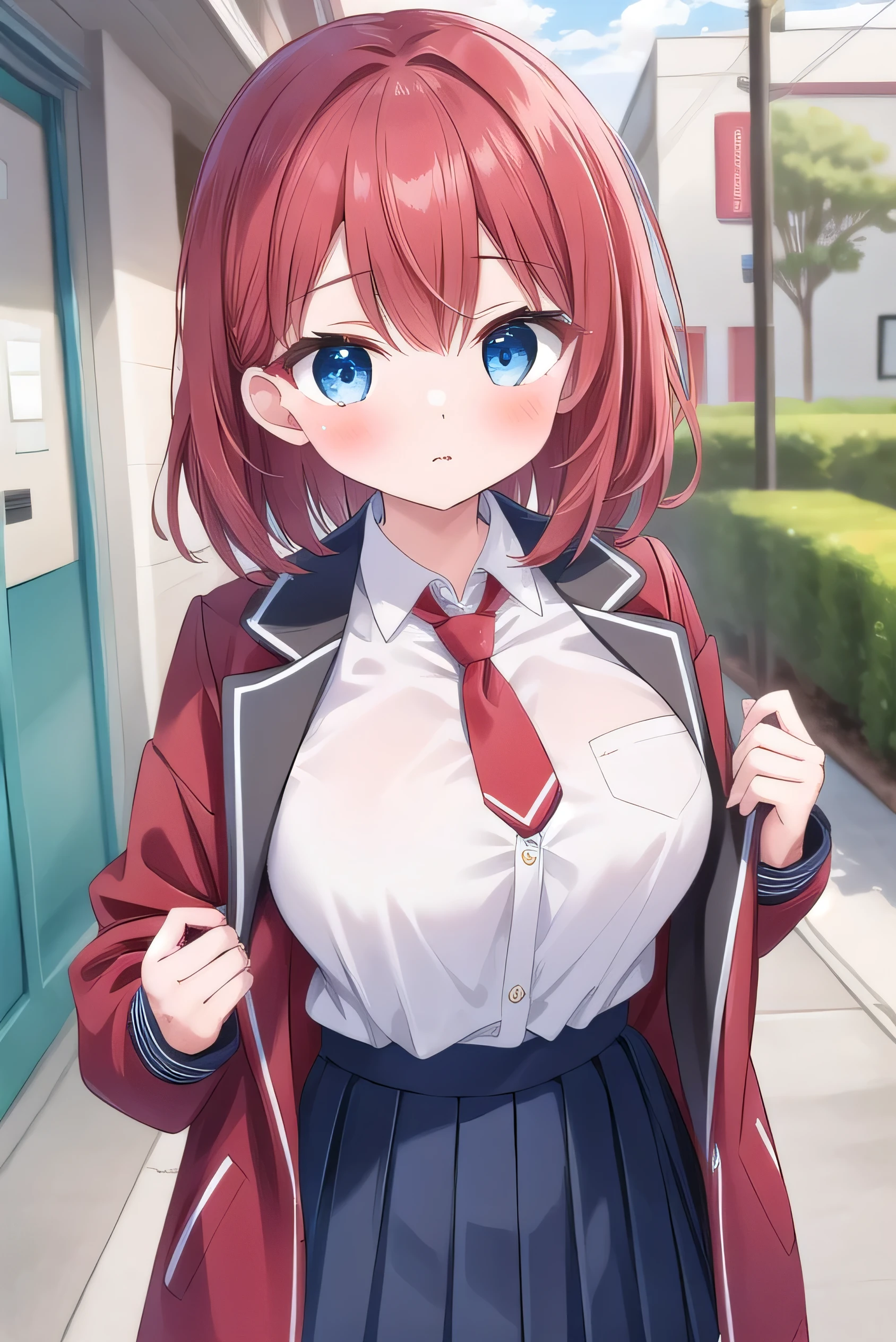 Big breasts, red hair, blue eyes, droopy eyes, red jacket, long sleeves, navy skirt, elementary school student, super big breasts, (medium hair: 1), baggy clothes, elementary school student, young face, short height, 10 years old, shy, shy, park, trying to unbutton his shirt, white shirt, soft hair,,,red tie