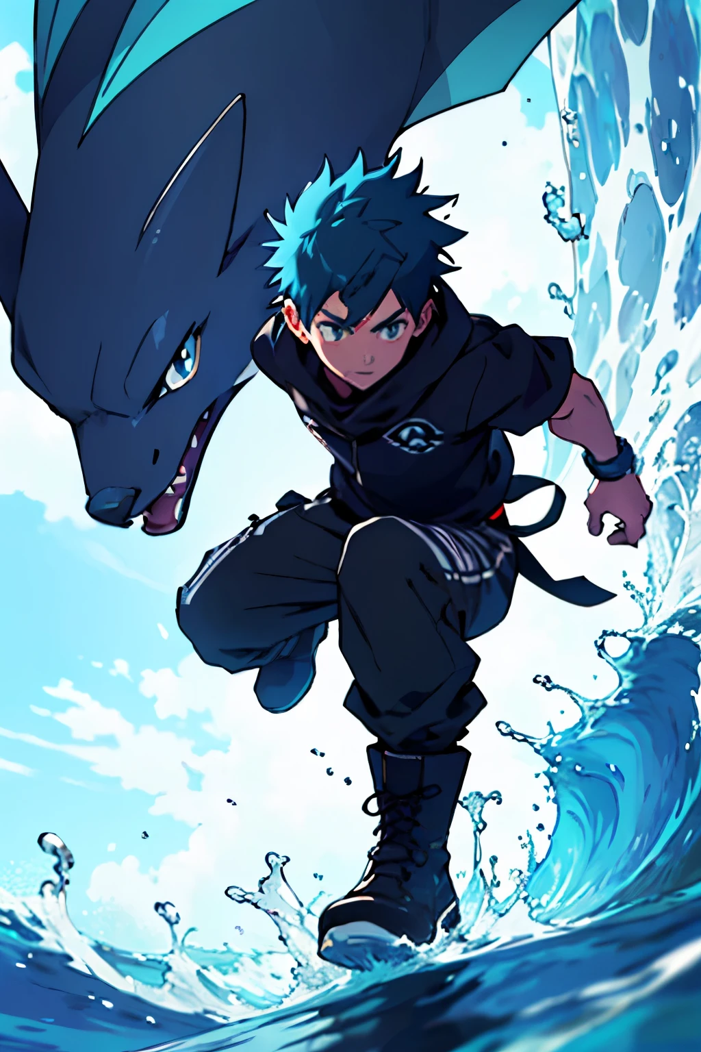 Anime boy, pokemon style, water trainer, black hood, boots, blue head scarf, master piece, detailed, high quality