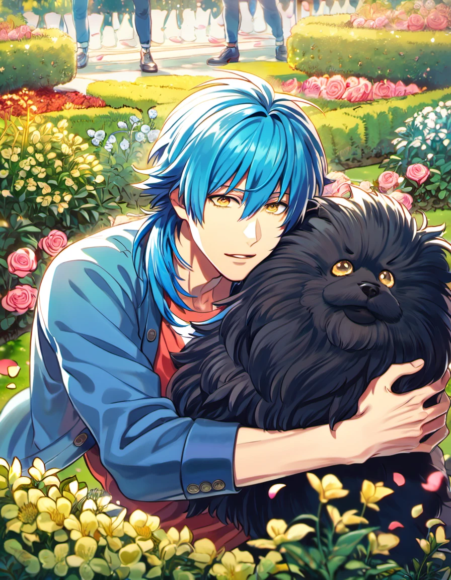 absurdres, highres, ultra detailed, HDR, masterpiece, Seragaki Aoba holding a black fluffy dog, blue hair, expressive golden eyes, Dramatical Murder, 1man, handsome, petals, garden