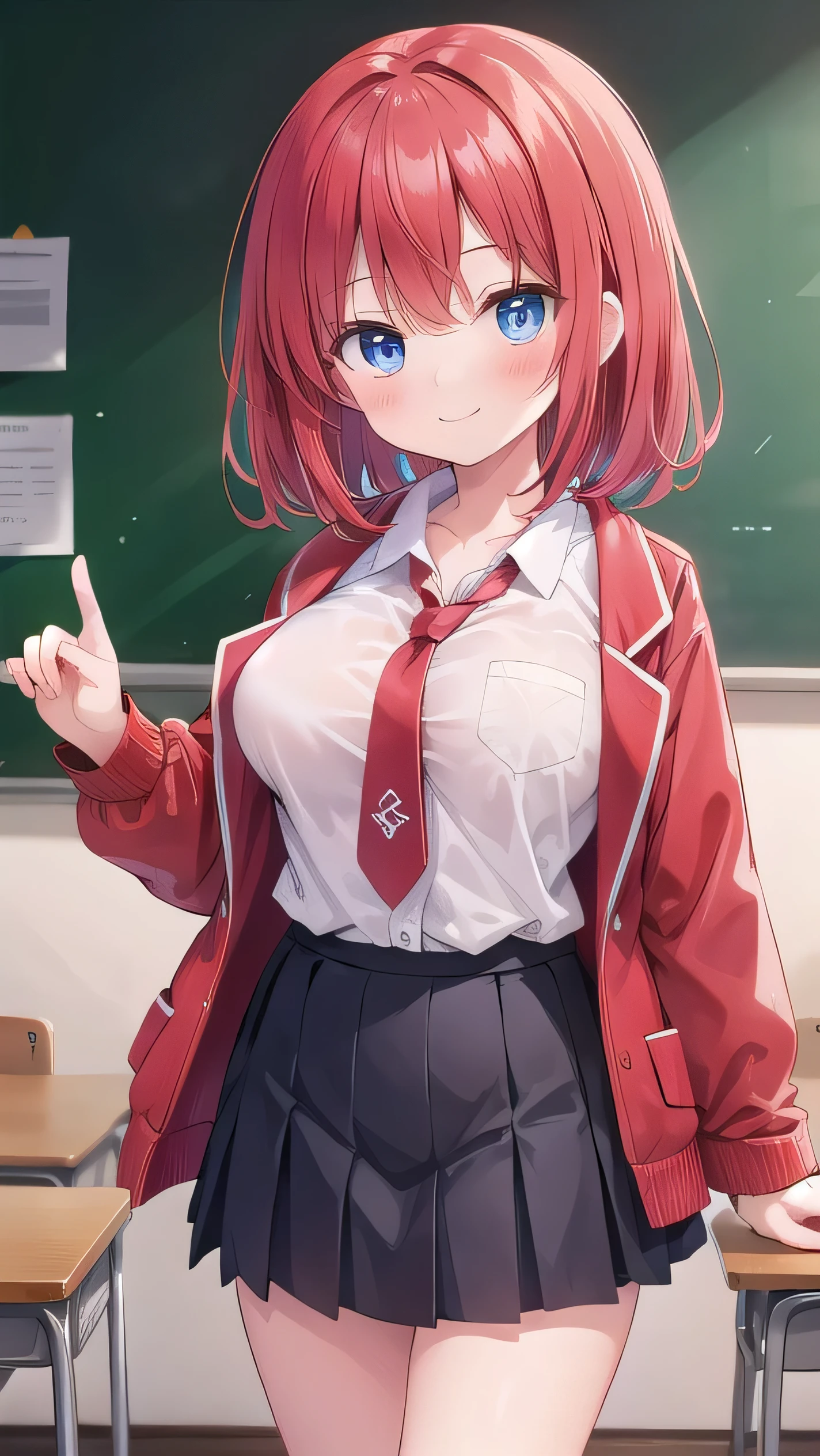 Big breasts, red hair, blue eyes, droopy eyes, red jacket, long sleeves, navy skirt, , super big breasts, medium hair， baggy clothes, elementary school studentt, 10 years old, old, shy Agari, smiling a little, trtton his shirt the classroom, white shirt, soft hair，red tie