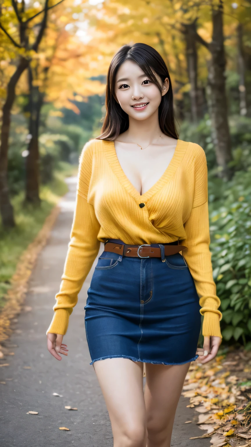 masterpiece, elegant. Ultra-fine details, masterpieces, realistic textures, realistic cinematic lighting, perfect work, 8k, HD, delicate facial features, (upper body), (large breasts:1.2), smile, (Japanese idol:1.3), Professional lighting, 
Indigo denim skirt, mustard yellow sweater, brown leather boots, Casual, Autumn hike, Forest trail and fallen leaves,