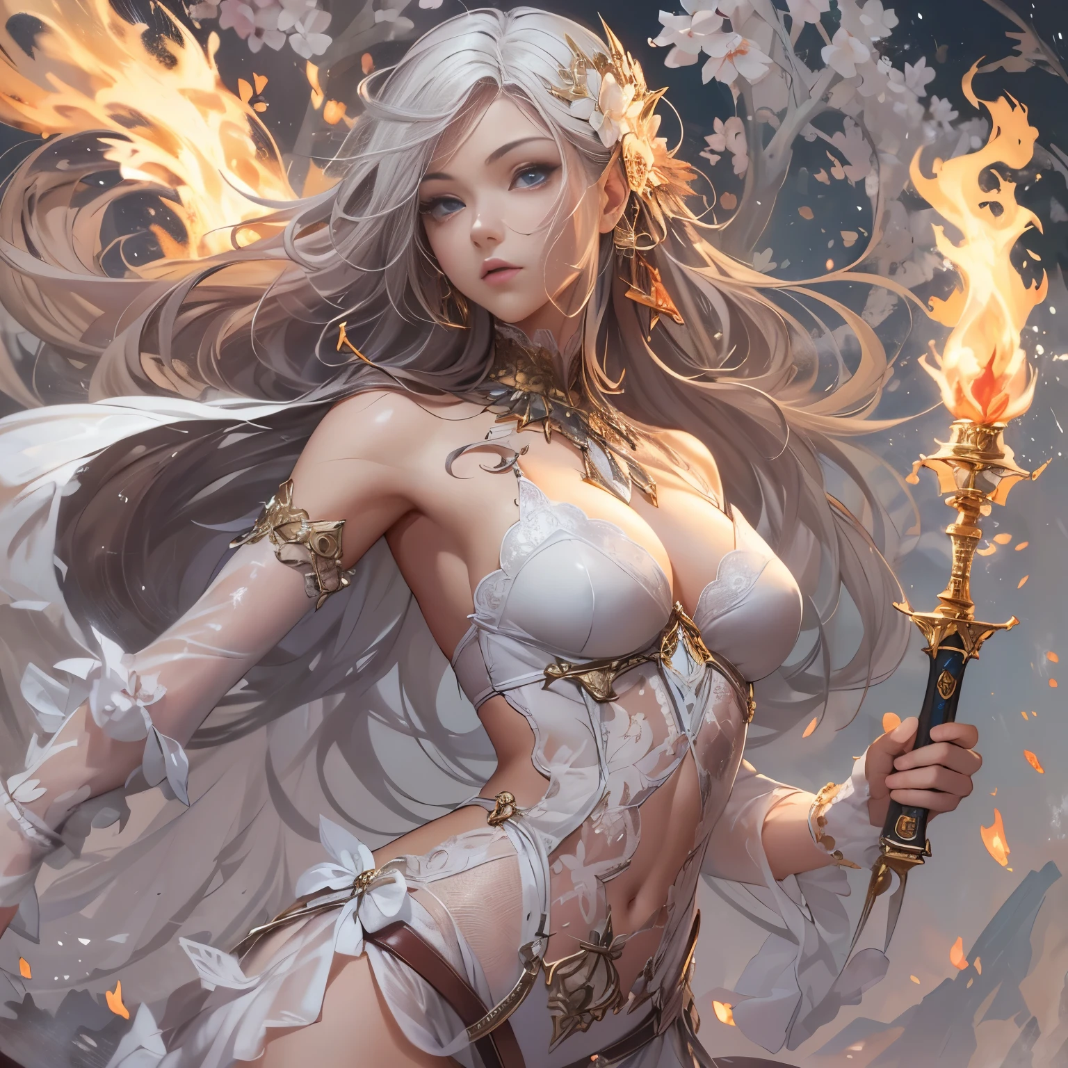 ((masterpiece-d'artwork, highest quality)), Detailed face, character design sheet, full body lesbian, full of details, Multiple poses and expressions, Very detailed,, depth, Lots of girls d'partial art,white colors,holds a spear, double ponytail, fantasy style,surrounded by flames,Extremely beautiful,High Balance, natural light, lace, lace tight, l'water rippleL'eau ondule