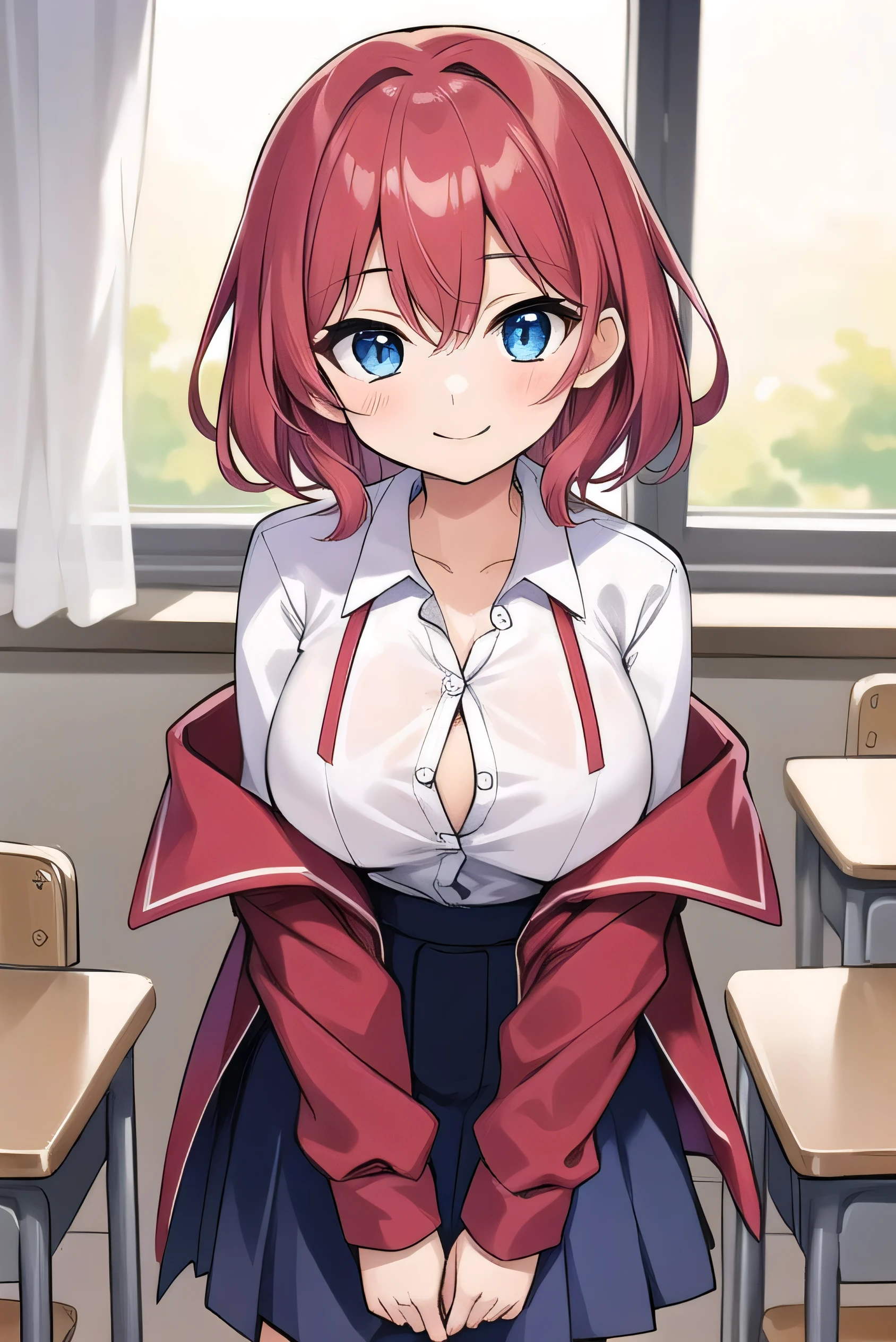 Big breasts, red hair, blue eyes, droopy eyes, red jacket, long sleeves, navy skirt, , super big breasts, (medium hair: 1), baggy clothes, elementary school studentt, 10 years old, old, shy Agari, smiling a little, trtton his shirt the classroom, white shirt, soft hair.