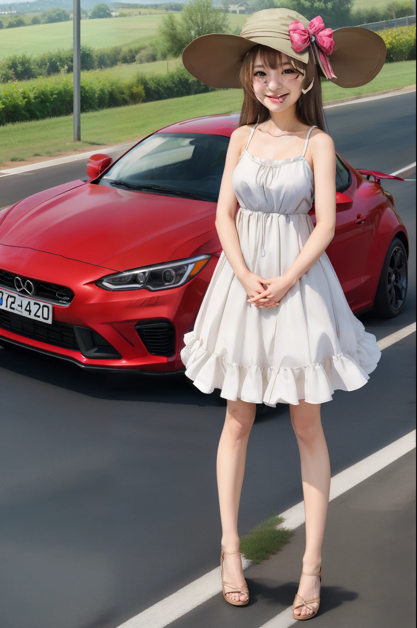 Minami kotori,long_hair, looking_at_viewer, blush, smile, open_mouth, hat, dress, bare_shoulders, standing, collarbone, :d, outdoors, frills, day, breasts, bare_arms, sleeveless_dress, frilled_dress, own_hands_together, ground_vehicle, motor_vehicle, sun_hat, long_dress, spaghetti_strap, sundress, car, road, sports_car,