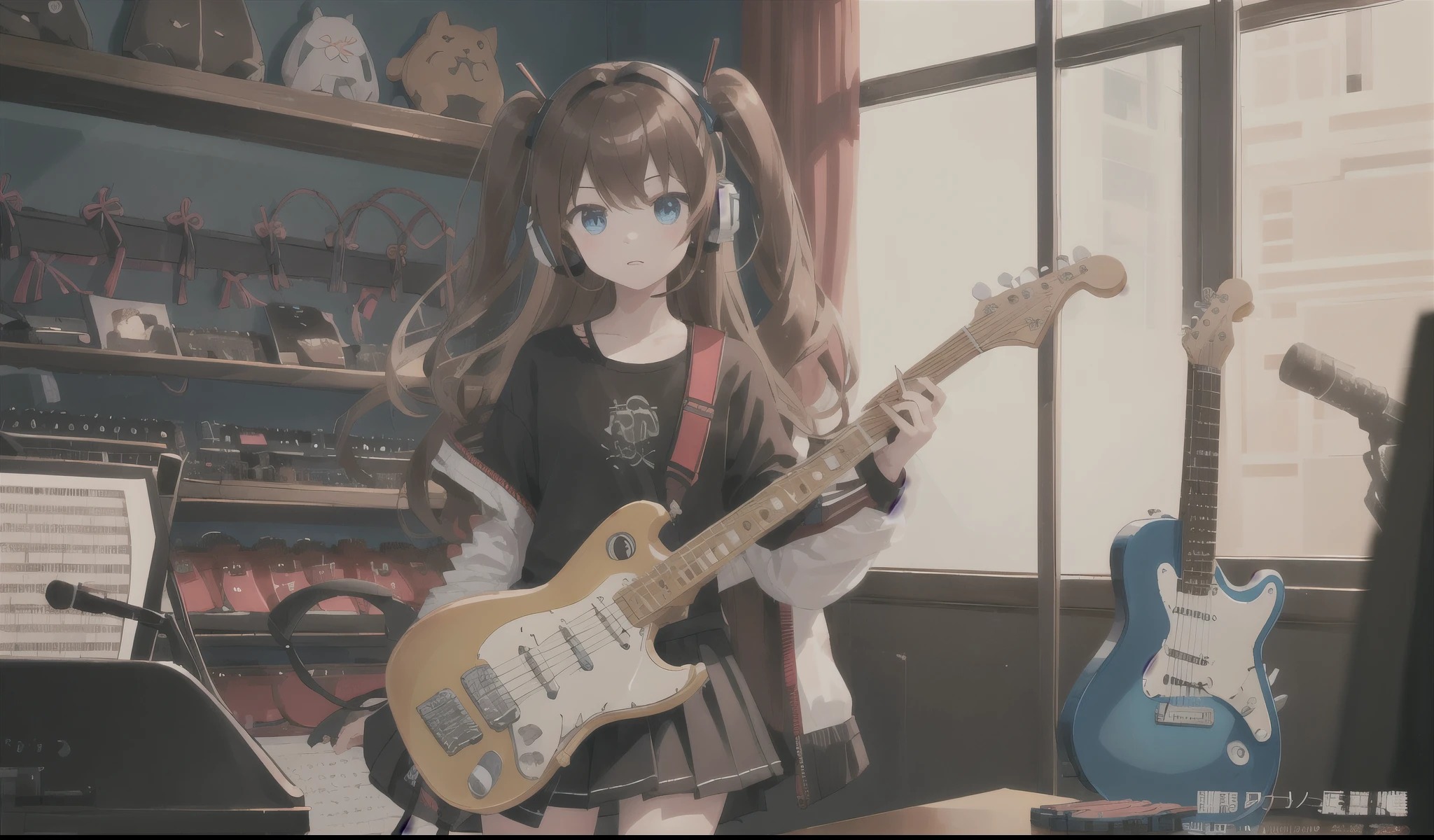 (masterpiece, highest quality) 1 girl, musical instrument shop, alone, black skirt, blue eyes, electric guitar, guitar, headphones, holding, guitarピック, musical instrument, long hair, music, one side up, brown hair, guitar playing, pleated skirt, black shirt, indoor