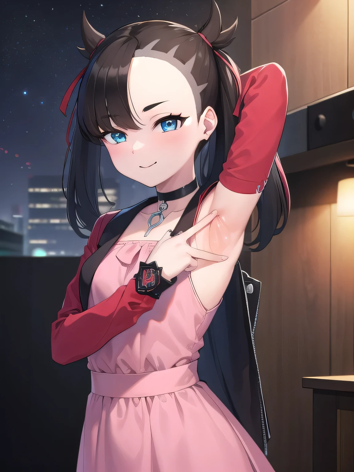 pokemonmarnie, aqua eyes, asymmetrical bangs, asymmetrical hair, black hair, hair ribbon, long hair, red ribbon, ribbon, twintails, (small breasts:1.2),
black choker, black jacket, choker, dress, earrings, jacket, jewelry, long sleeves, open clothes, pink bag, pink dress,
 ako suminoe, ascot, solo, upper body, night sky, forest, arms behind head, contrapposto, spread armpits, smile
BREAK (masterpiece:1.2), best quality, high resolution, unity 8k wallpaper, (illustration:0.8), (beautiful detailed eyes:1.6), extremely detailed face, perfect lighting, extremely detailed CG, (perfect hands, perfect anatomy),