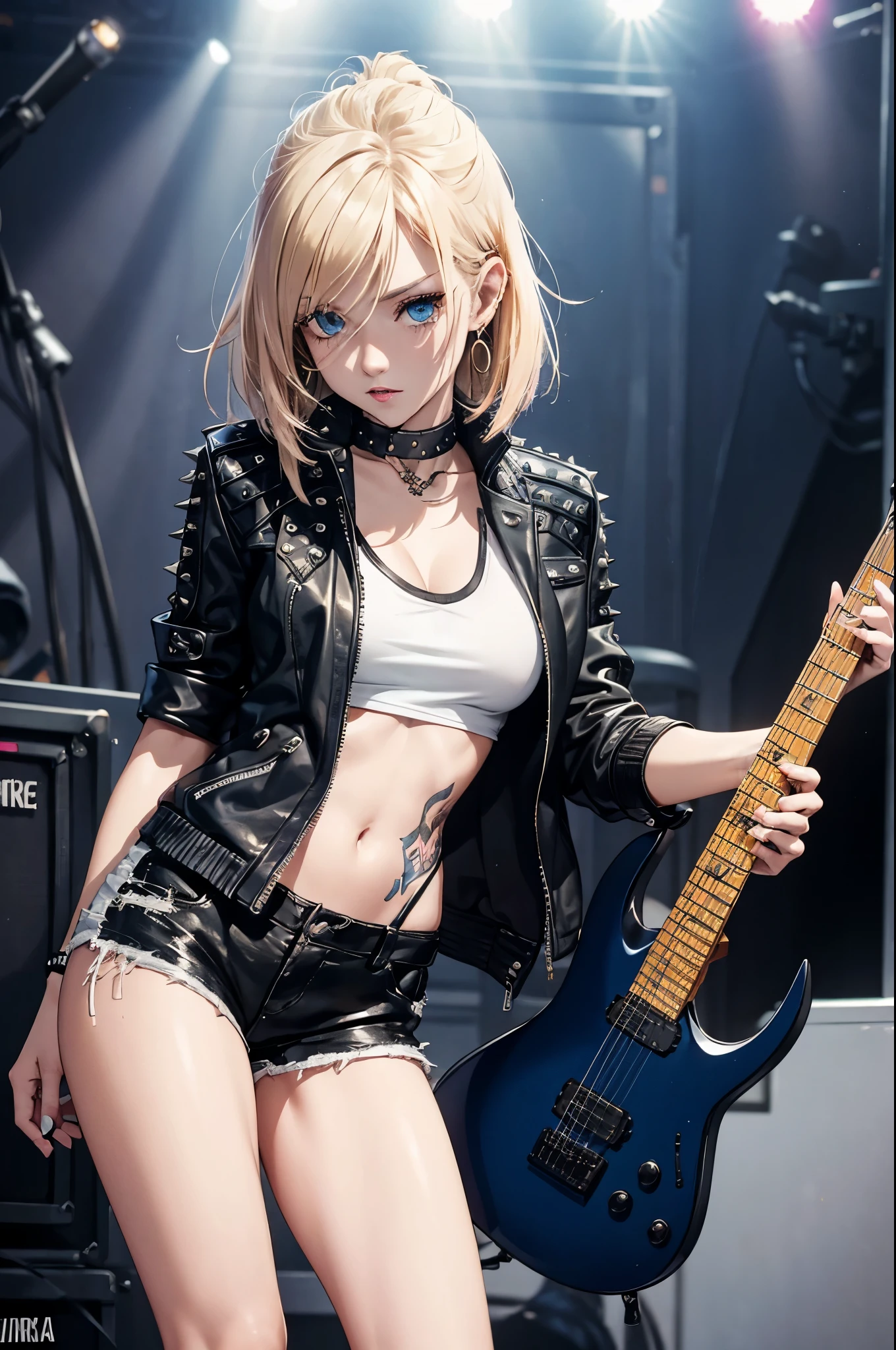 realistic:1.2, Rocker girl wearing a leather jacket,slim body shape、Normal bust size、 highly realistic photograph, whole body、, 12 electric guitars, clothes with spikes,white tank top、Navel exposure、leather shorts、tattoo,earrings dark lipstick, blue eyes,spiky blonde and partially shaved hair, beautiful and perfect legs, confident look, punk style ,dynamic pose, dynamic lighting, bright colors, Aria Alexa 65, 50MM lens