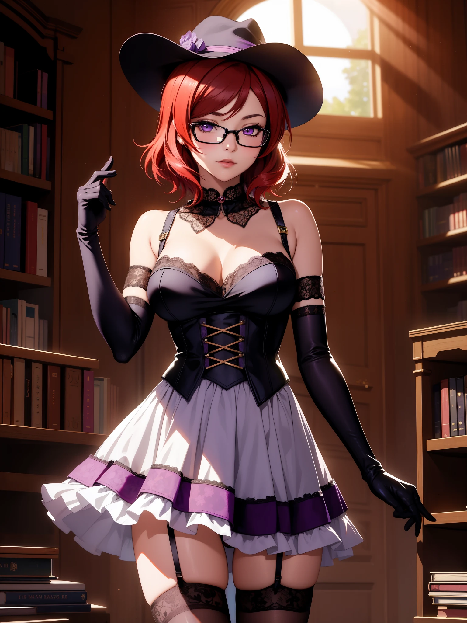 (Masterpiece, Best Quality, High Quality), cowboy shot,volumetric lighting, illustration, beautiful, perfect lighting, perfect shadows,Nishikino maki , short hair, thighhighs, gloves, hat, glasses, alternate costume, black gloves, book, garter straps, standing, bespectacled, purple eyes ,red hair , moonlight