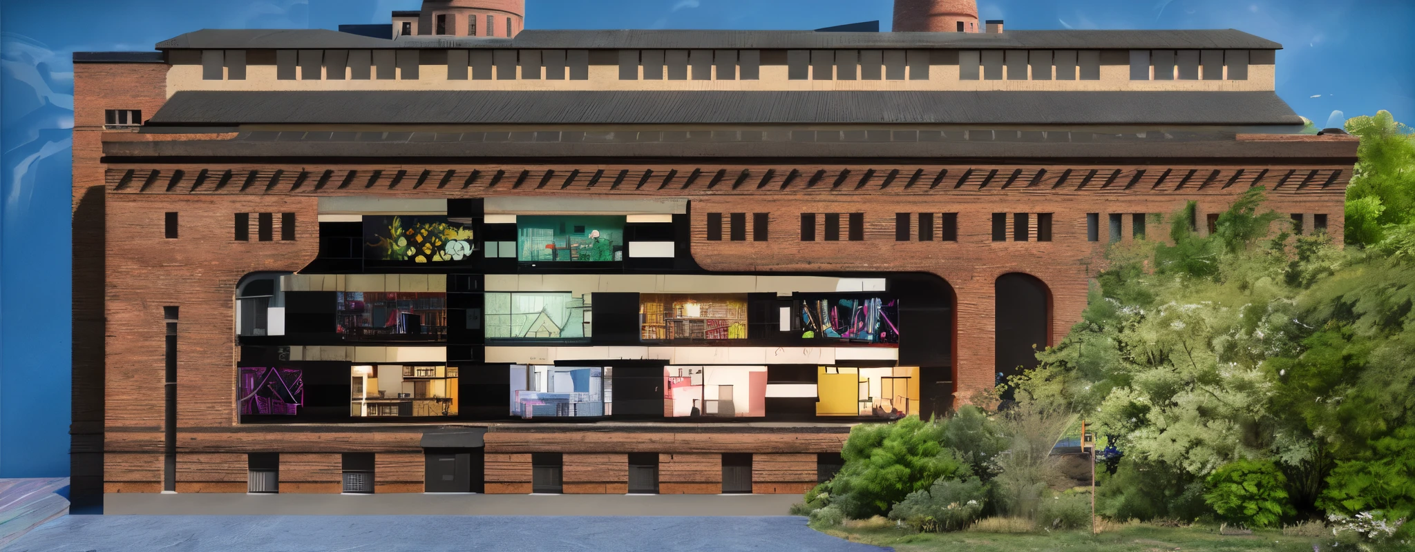 there is a large brick building with a clock on the top, artwork of a building, exterior shot, high quality architectural art, a digital rendering, artistic impression, detail render, mid-view, conceptual rendering, colorful architectural drawing, freddy mamani silvestre facade, photo render, architecture visualisation, d render, a hyper realistic, rendering, final render, artists impression