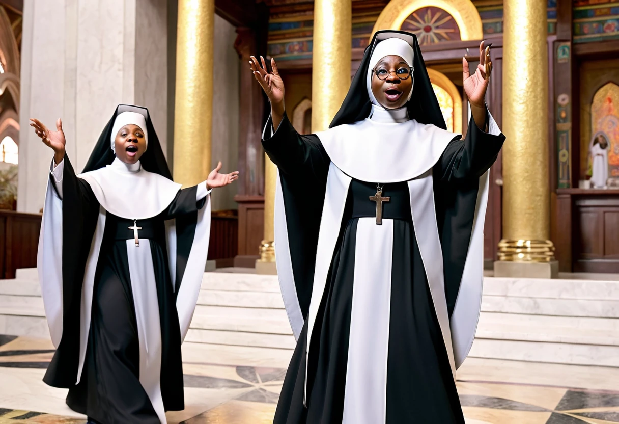 so many nuns singing songs happily\(SISTER ACT\)#quality(8k,wallpaper of extremely detailed CG unit, ​masterpiece,hight resolution,top-quality,top-quality real texture skin,hyper realisitic,increase the resolution,RAW photos,best qualtiy,highly detailed,the wallpaper),one nun in very front is Whoopi Goldberg\(SISTER ACT\):1.6,dynamic pose,#background(in the old temple)