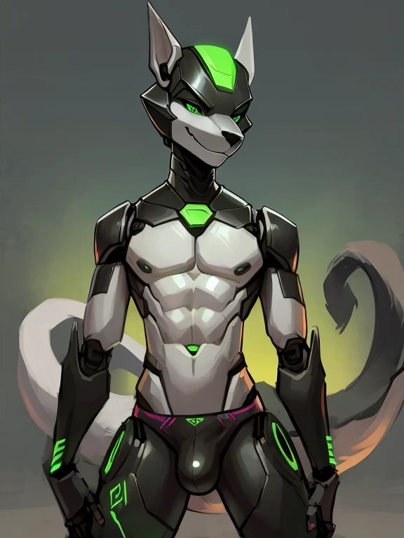 Male, robot Gray wolf, detailed green eyes, long tail, big nipples, slim, sly, simple background, smirk, bulge,  tail wrapping around body，robot