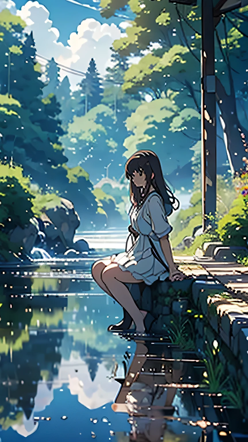 an extremely delicate and beautiful girl, detailed face depiction, long brown hair, blue eyes, white dress, sitting, trees, no humans, clear blue sky, cloud, outdoors, reflection, sky, building, water, daylight, blurry, summer, shadow, scenery, 8k wallpaper, masterpiece, Cinematic Lighting, best quality, Illustration, detailed face depiction, photorealistic scenery, Makoto Shinkai