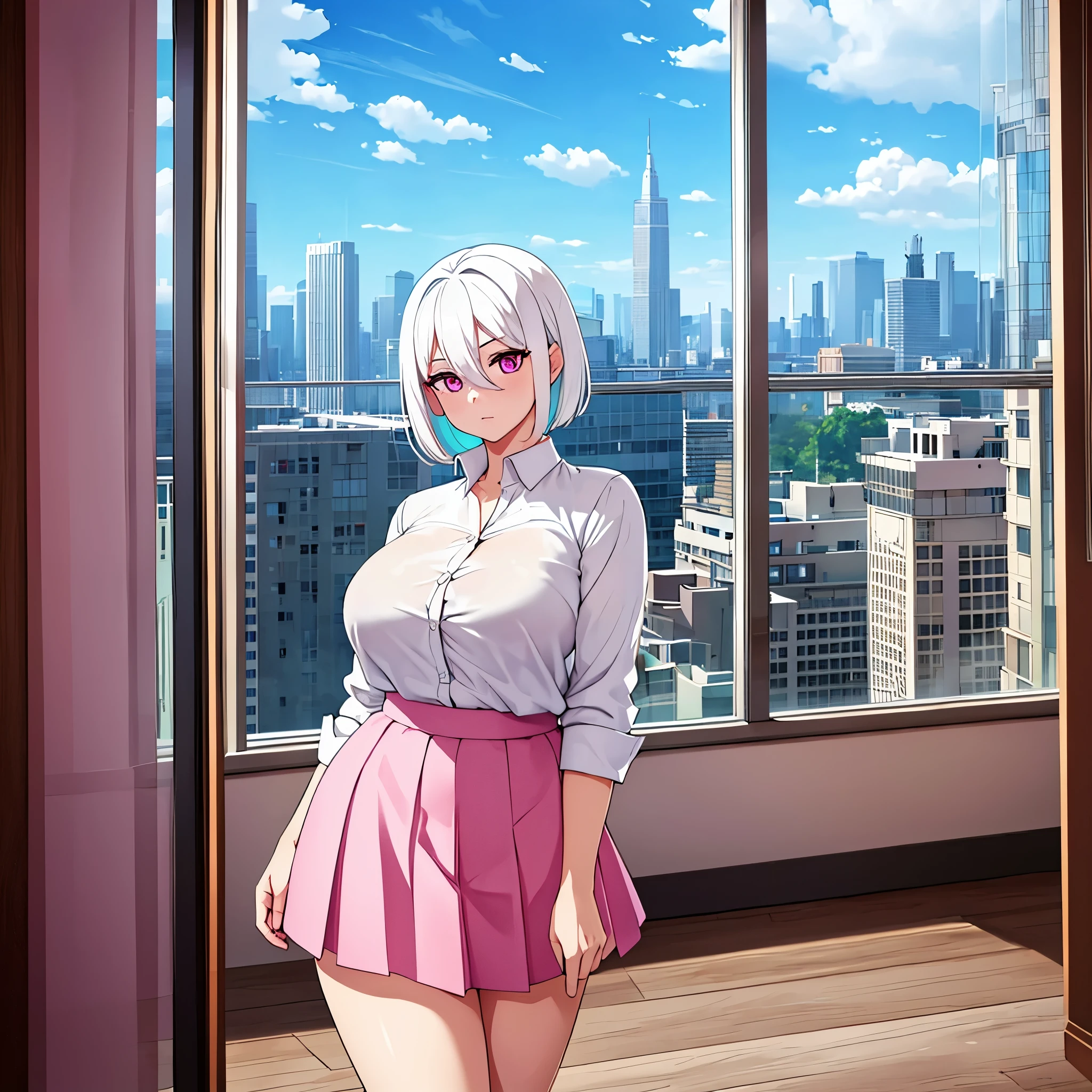 a woman wearing a white shirt, pink skirt, white hair with blue strands, pink eyes, in a luxurious fit, with a large window overlooking other buildings, a bright place, large breasts,HDR, ultra resolution, well defined, masterpiece, 8K HD. (solo woman)
