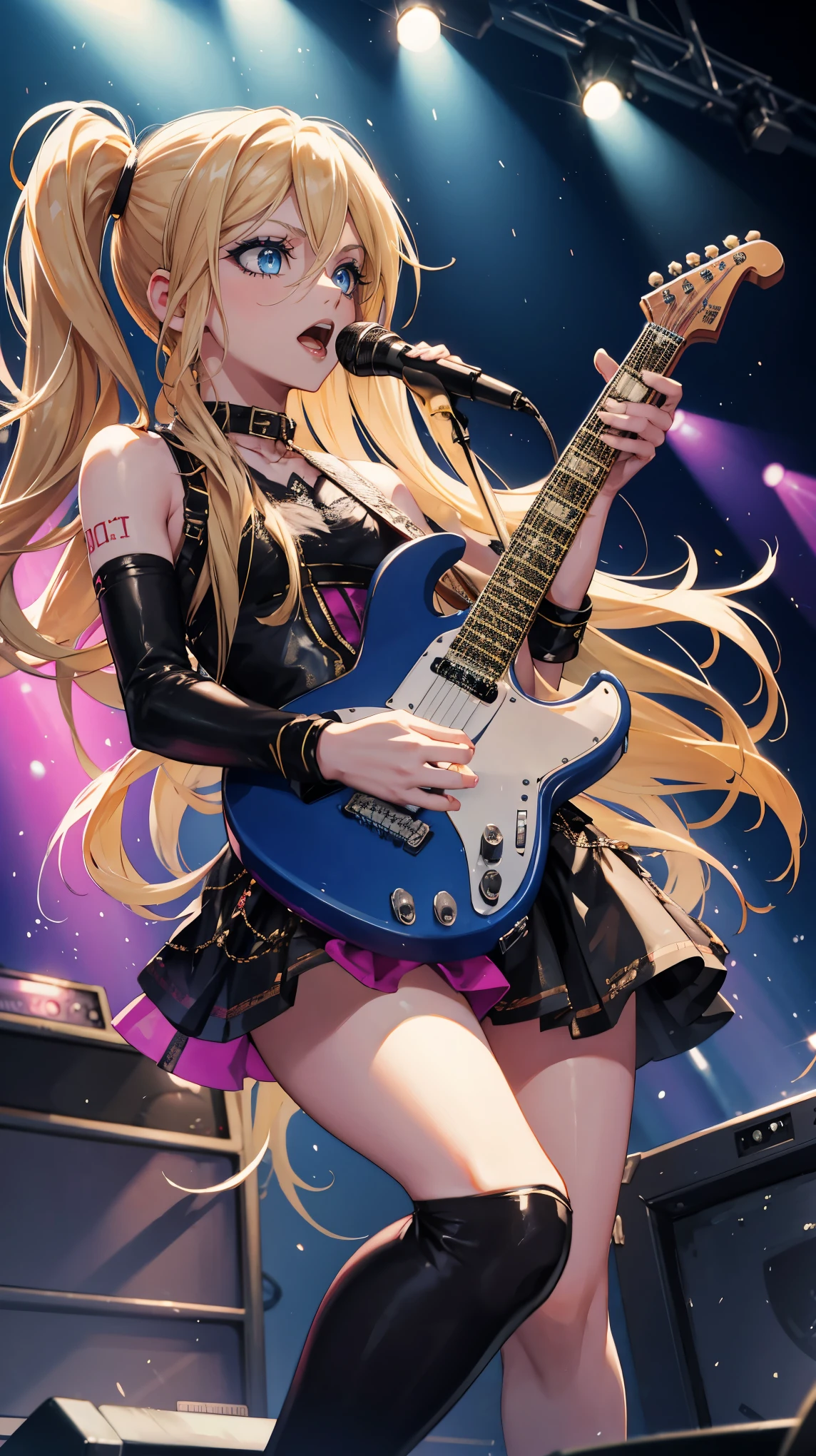 Beautiful photos of Avril Lavigne, Electric guitar, sing on stage, bright light, Punk Concert